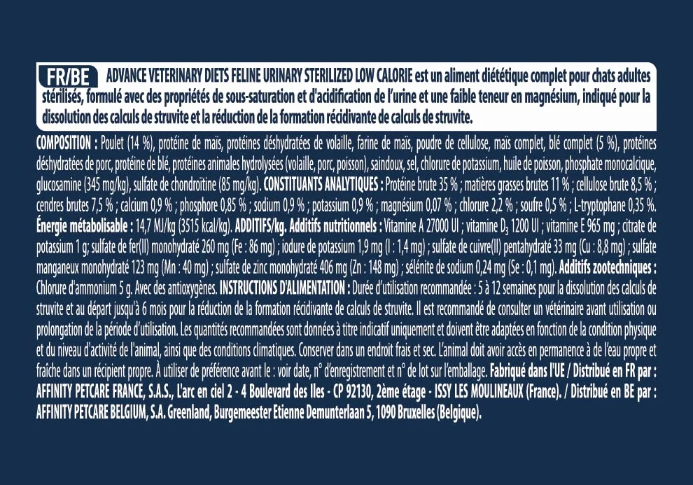 Advance Veterinary Diets Urinary Low Calorie Croquettes pour Chats Contrôle du poids Protection voies urinaires 7.5 kg