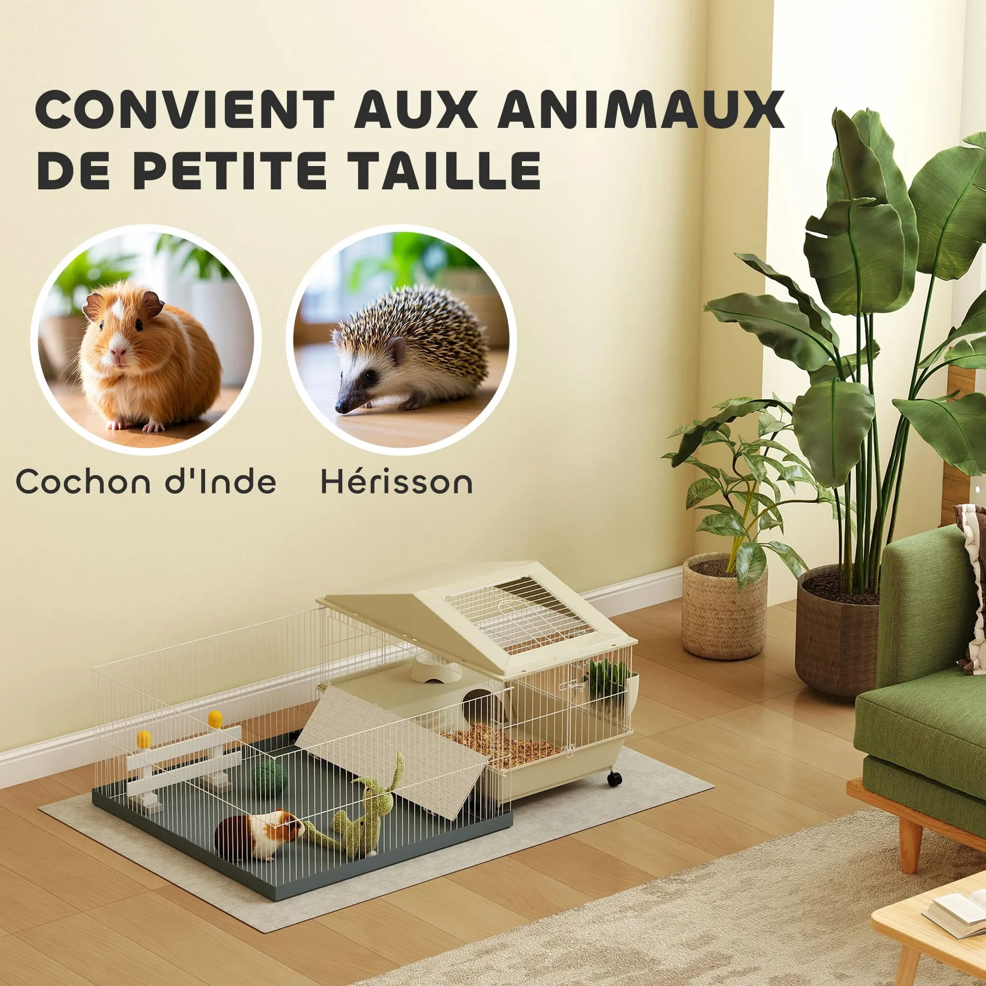 PawHut Cage Cochon d'Inde avec Parc Amovible 4 Roues pour Hérisson Beige | Cage pour Petits Animaux, Tapis Imperméable, Balcon, Bol d'Alimentation, Rampe à Couverture Souple