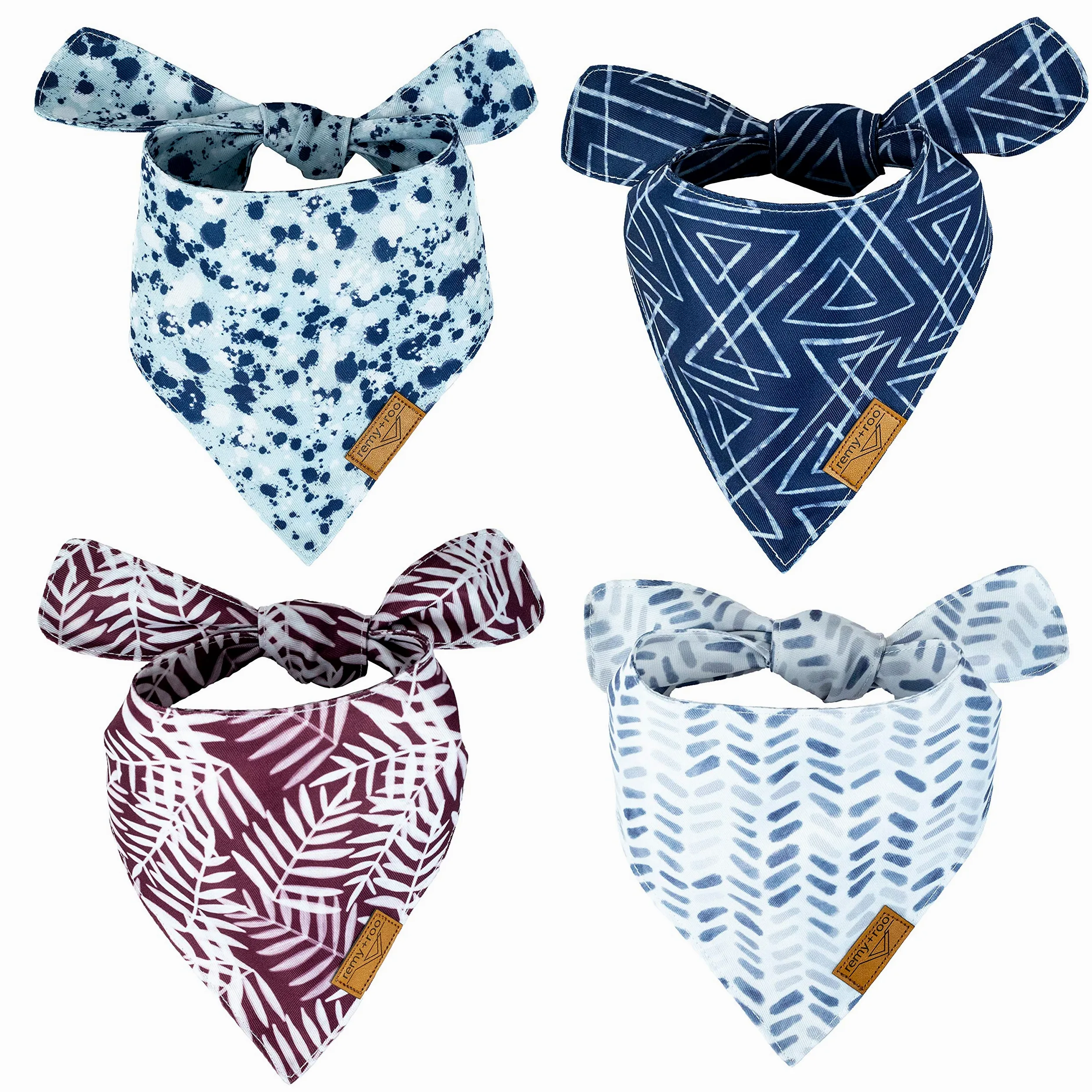 Remy+Roo Lot de 4 bandanas pour chien en tissu durable de qualité supérieure, forme unique, ajustement réglable, plusieurs tailles disponibles (XL)