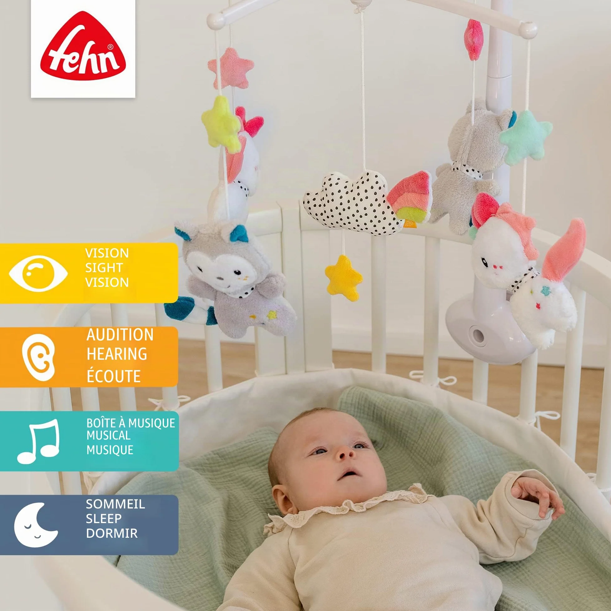 Fehn Aiko et Yuki Mobile musical pour bébé avec animaux mignons Mélodie Berceuse de Mozart – Jouet musical mobile 0-5 mois