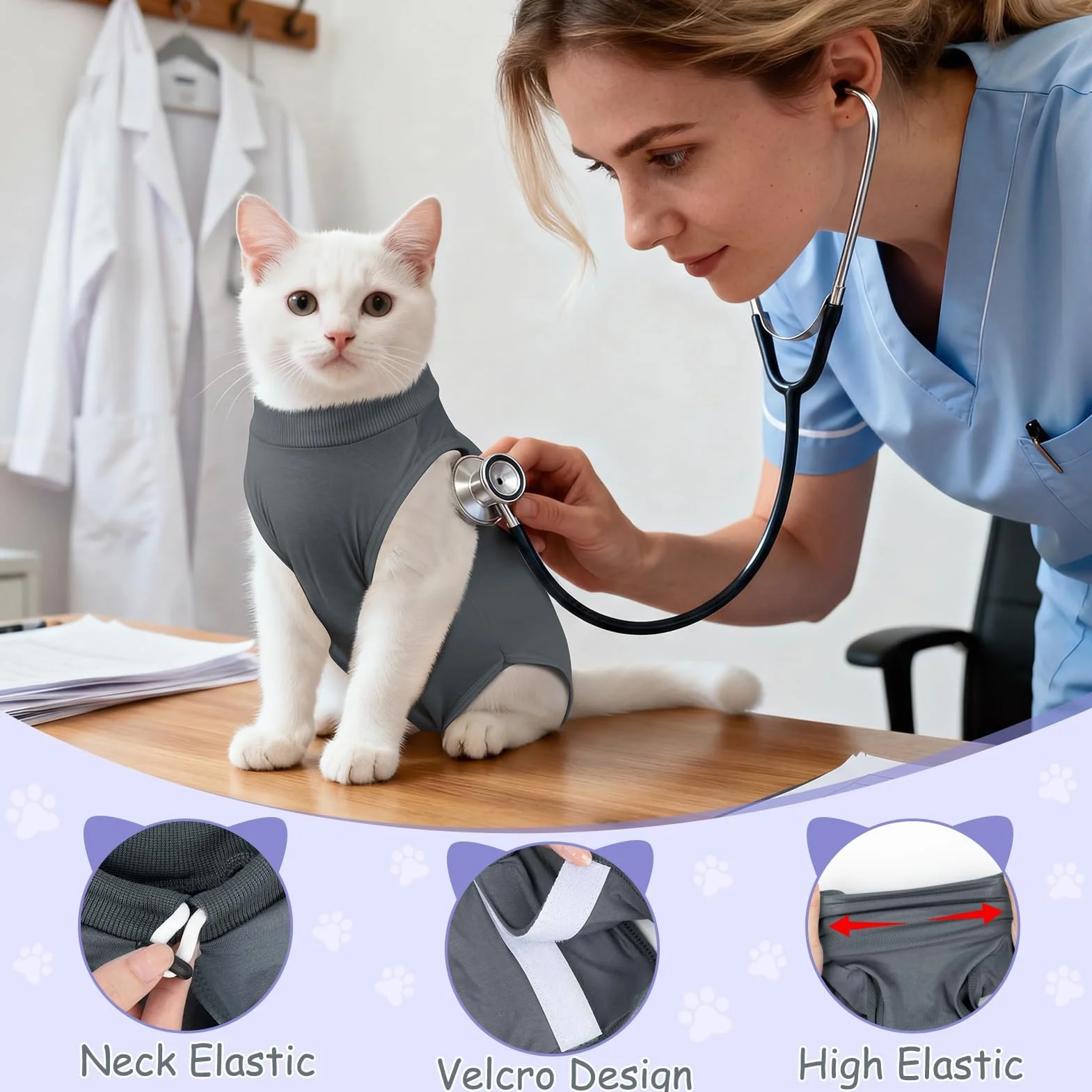 MELLIEX Body pour Chat Post Opératoire Stérilisation, Combinaison Anti Léchage, Gilet de Récupération