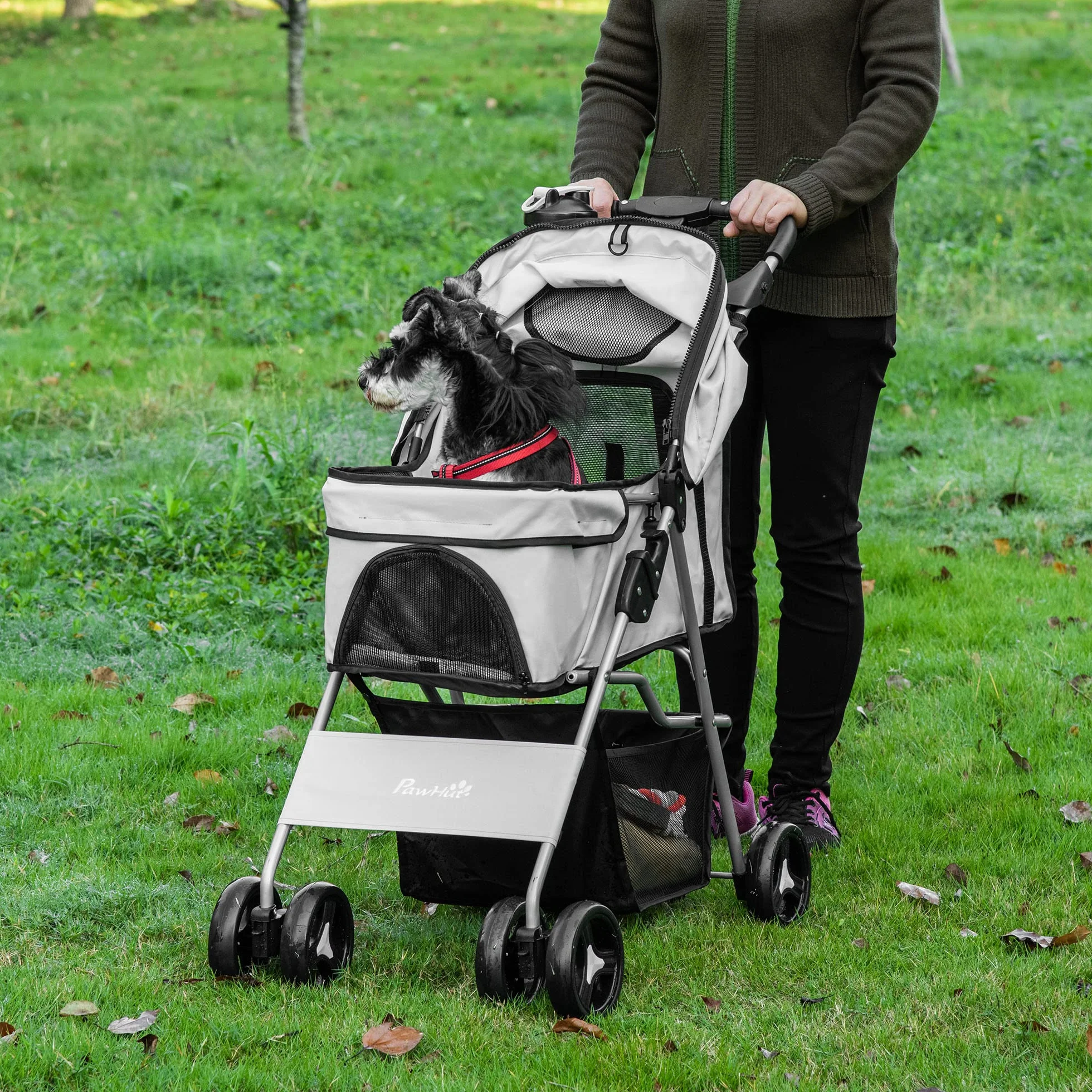 PawHut Poussette buggy pour chiens 77x45x99.5 cm pliable imperméable Oxford 600D gris
