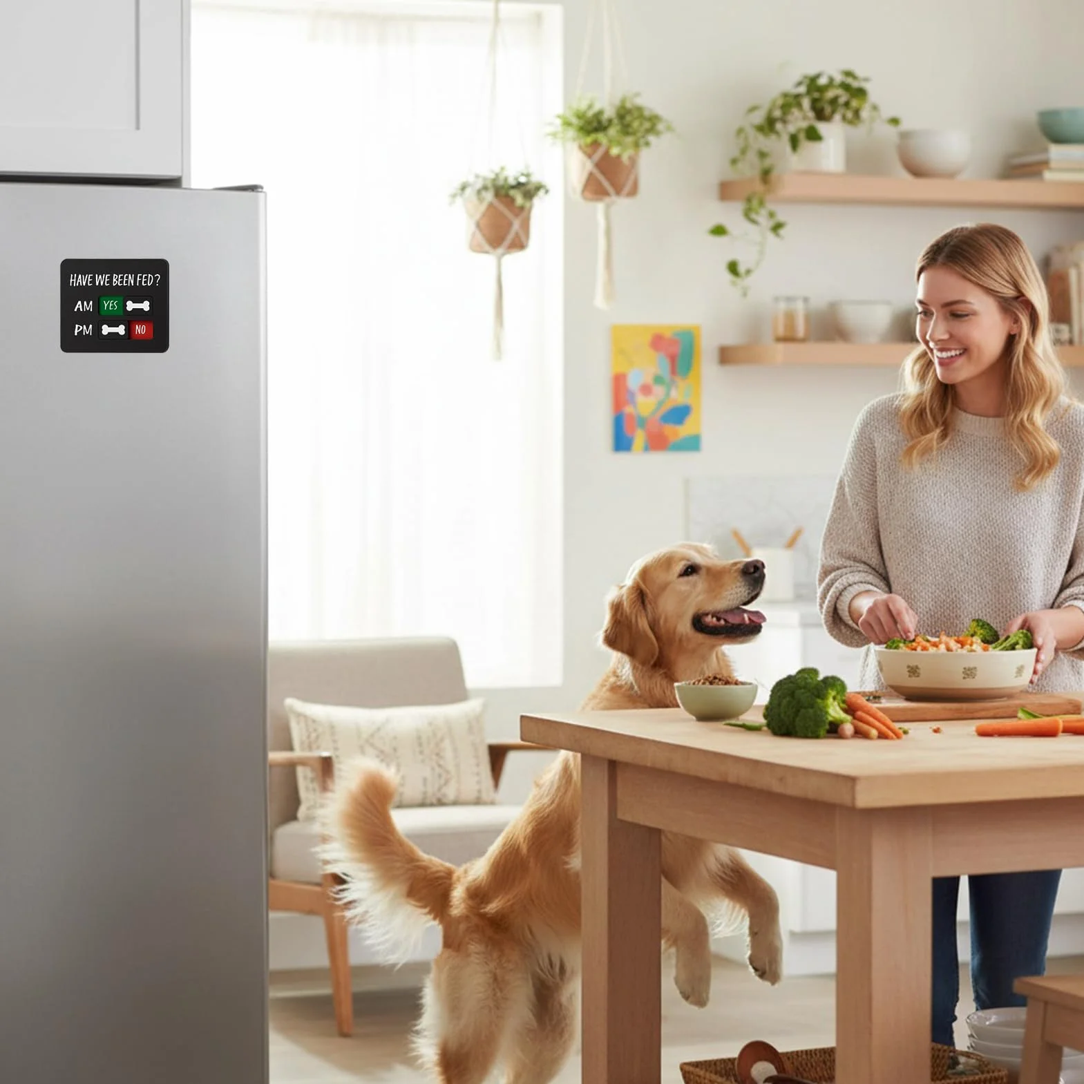 Panneau magnétique transparent pour chien "Have We Been Fed" indicateur coulissant prévention suralimentation AM PM pour réfrigérateur
