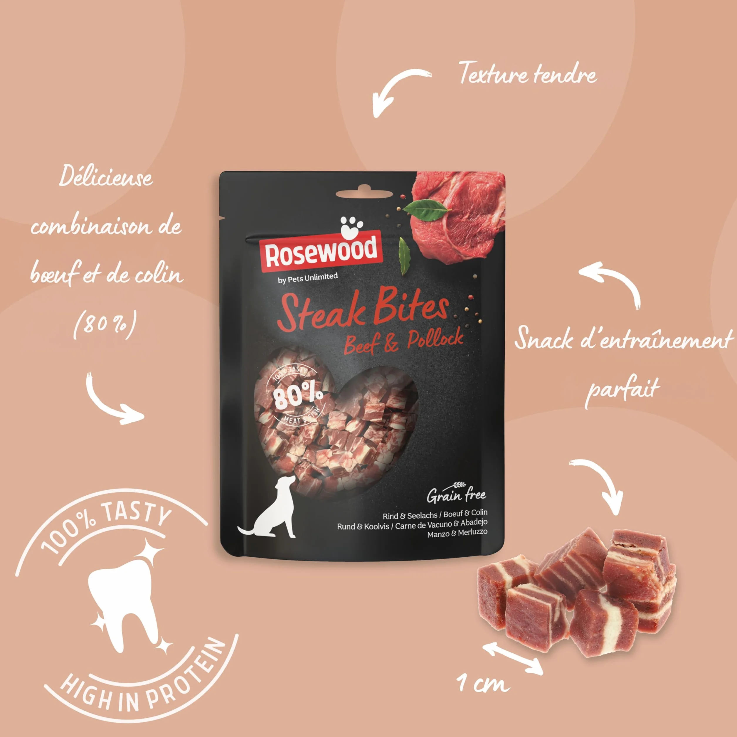 Rosewood Steak Bites Bœuf & Colin Friandise Tendre pour Chien Riche en Viande et Poisson sans céréales 100 g