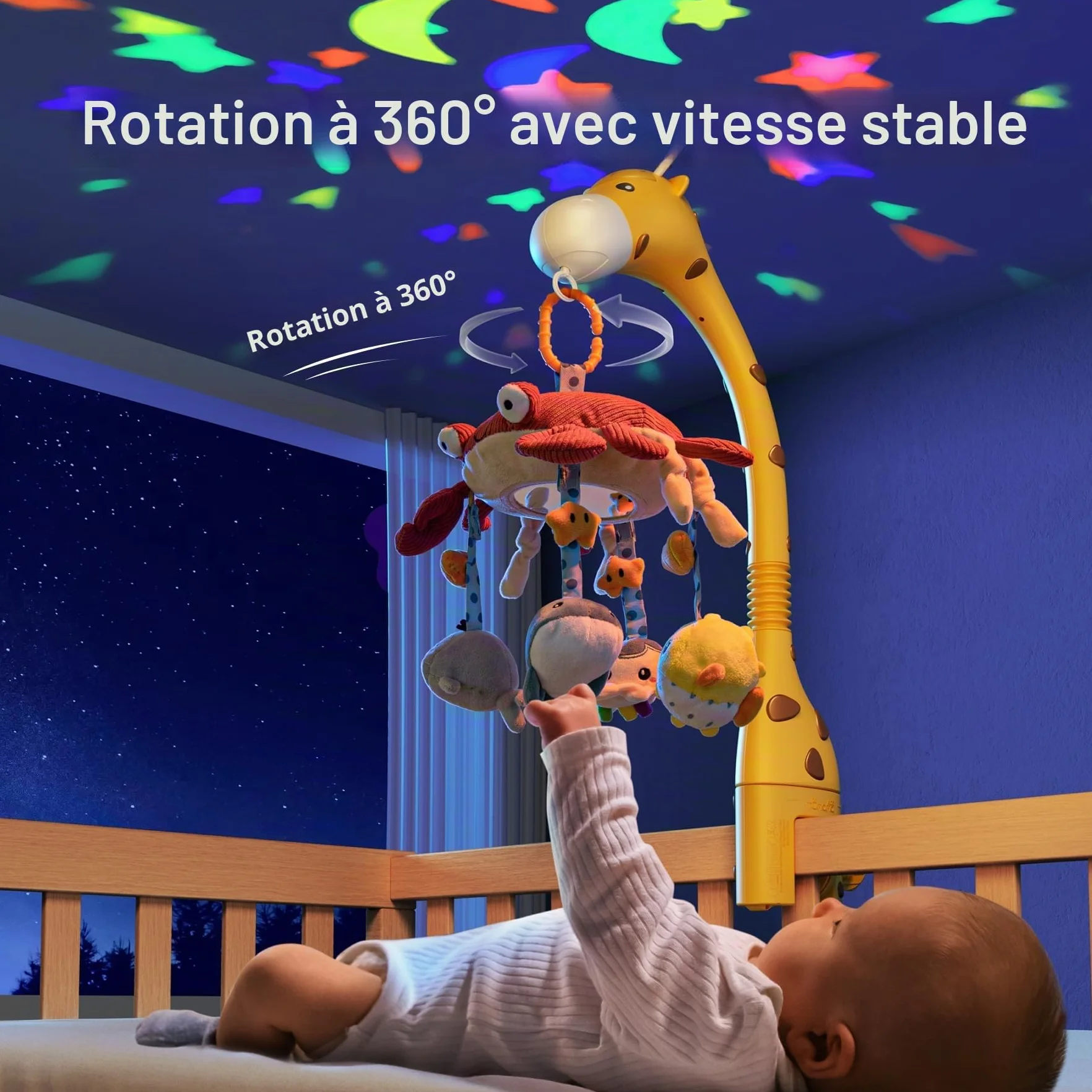 TUMAMA Mobile Musical Lit Bébé avec Musique et Lumière, Jouet de Berceau Rotatif Amovible 0-12 Mois