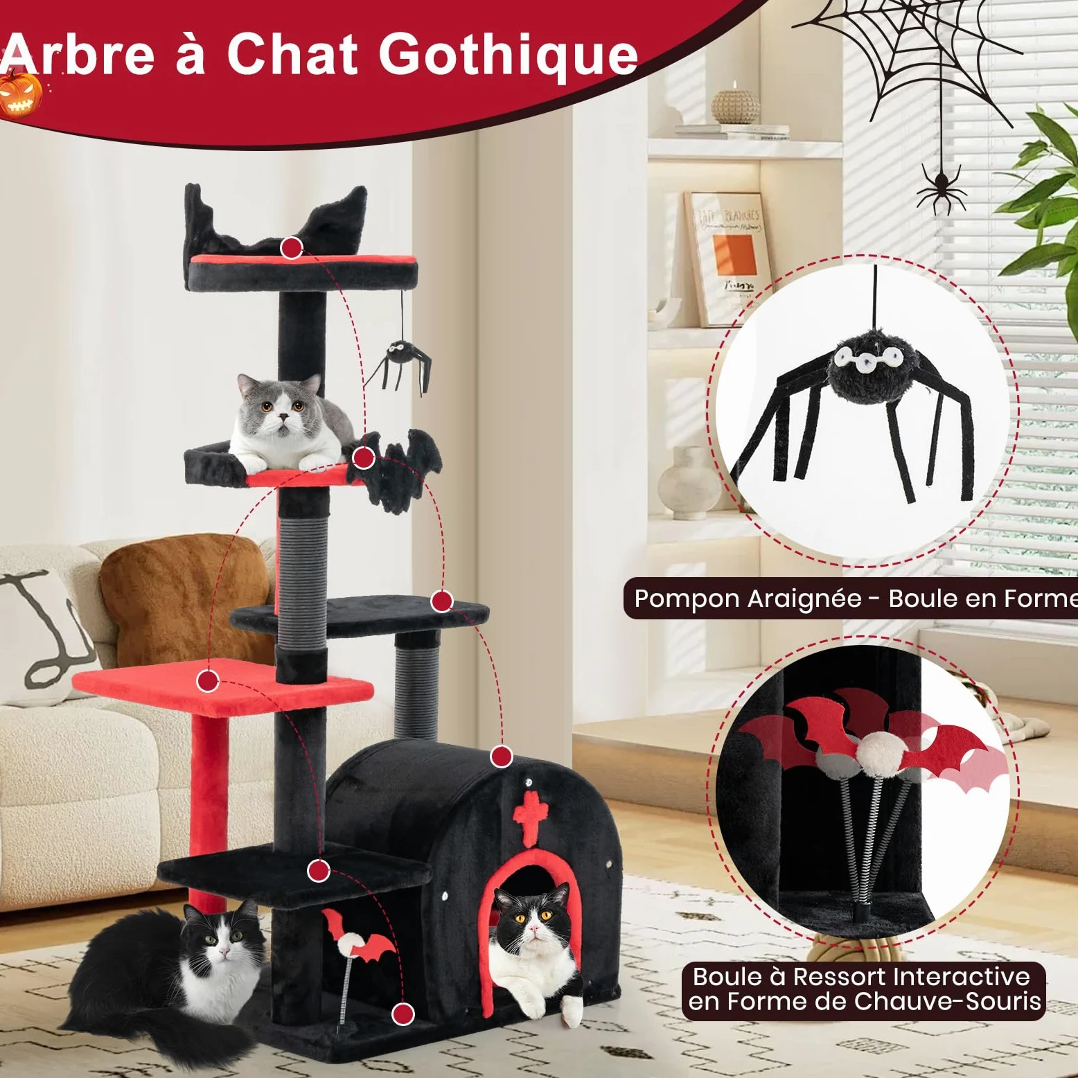 GOPLUS Arbre a Chat Style Gothique, Hauteur 133 CM, Arbre a Chat XXL à 6 Niveaux avec Poteaux à Gratter Sisal, Perchoir, Hamac, Niche Forme Coffin avec Coussin Amovible, Jouet Suspendu, Rouge et Noir