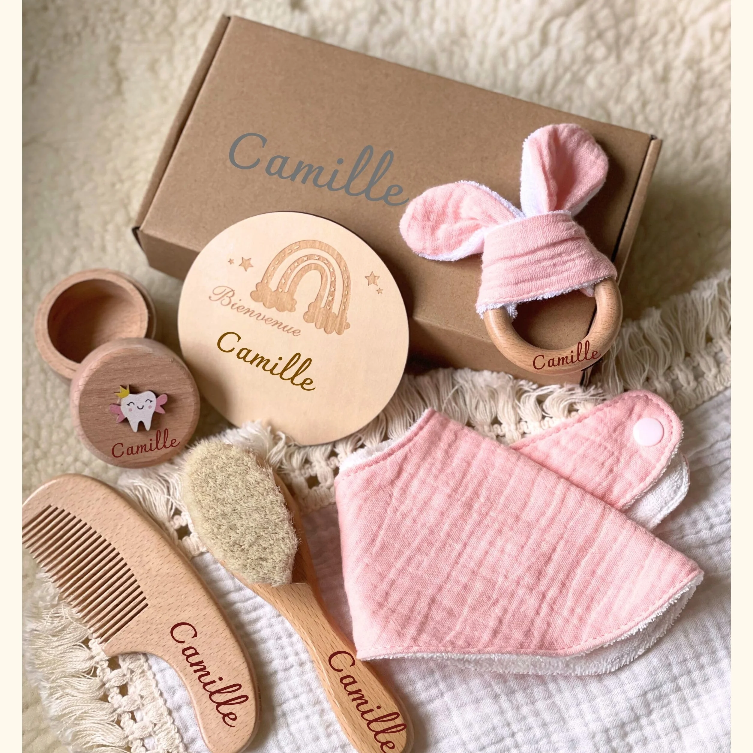 Coffret de Naissance Personnalisé Cadeau Bébé Fille Garçon Boîte Souvenir Prénom Gravé Rose