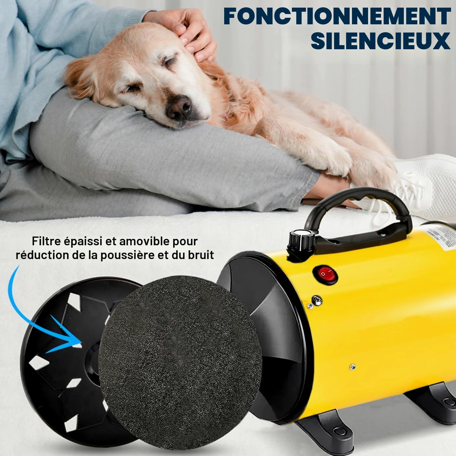 Pulseur pour Chien 2800W - Séchoir Professionnel pour Animaux avec Température Réglable et 4 Buses (Jaune)