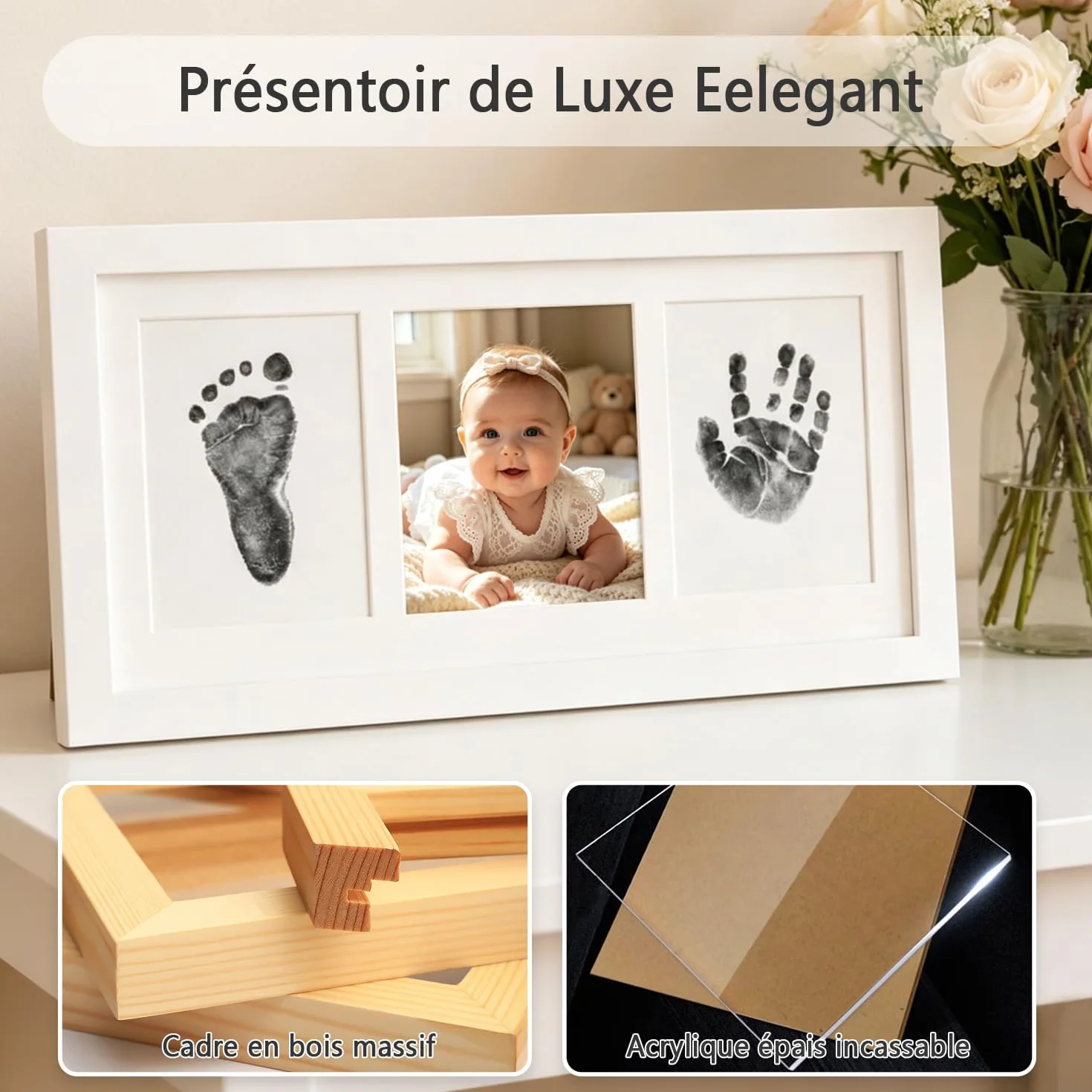 Cadre Empreintes Bébé Encre avec Tampon Encreur Clean Touch Non Toxique Cadeau Bébé Blanc