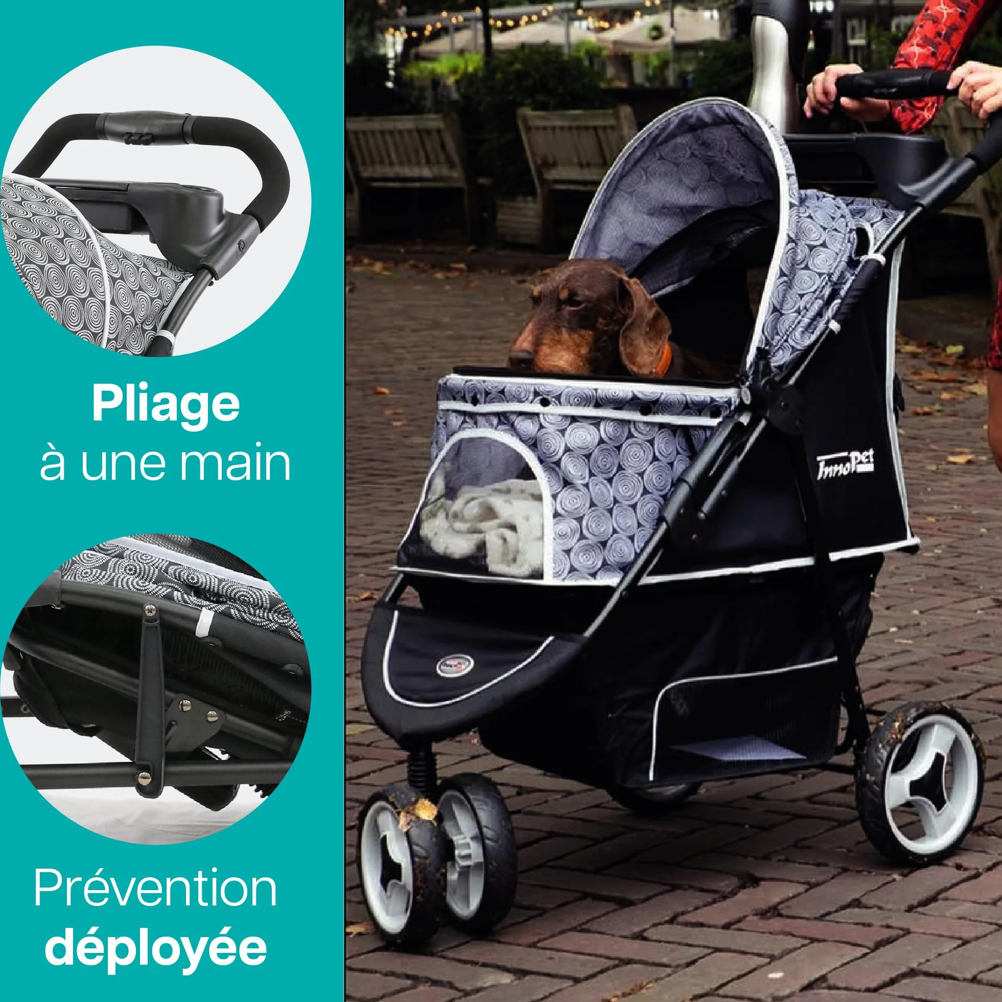 Poussette pour chien Innopet Allure Onyx - Design élégant - Roues pivotantes à 360° - Panier de rangement - Poussette pour animal compacte et pliable