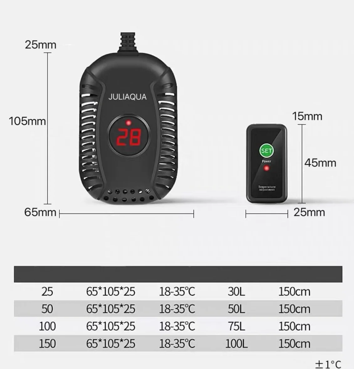 Chauffage d'aquarium avec Affichage de la température, réglage du Chauffage d'aquarium, Tige chauffante pour Poissons, Chauffage pour Tortue 25 W / 50 W / 100 W / 150 W