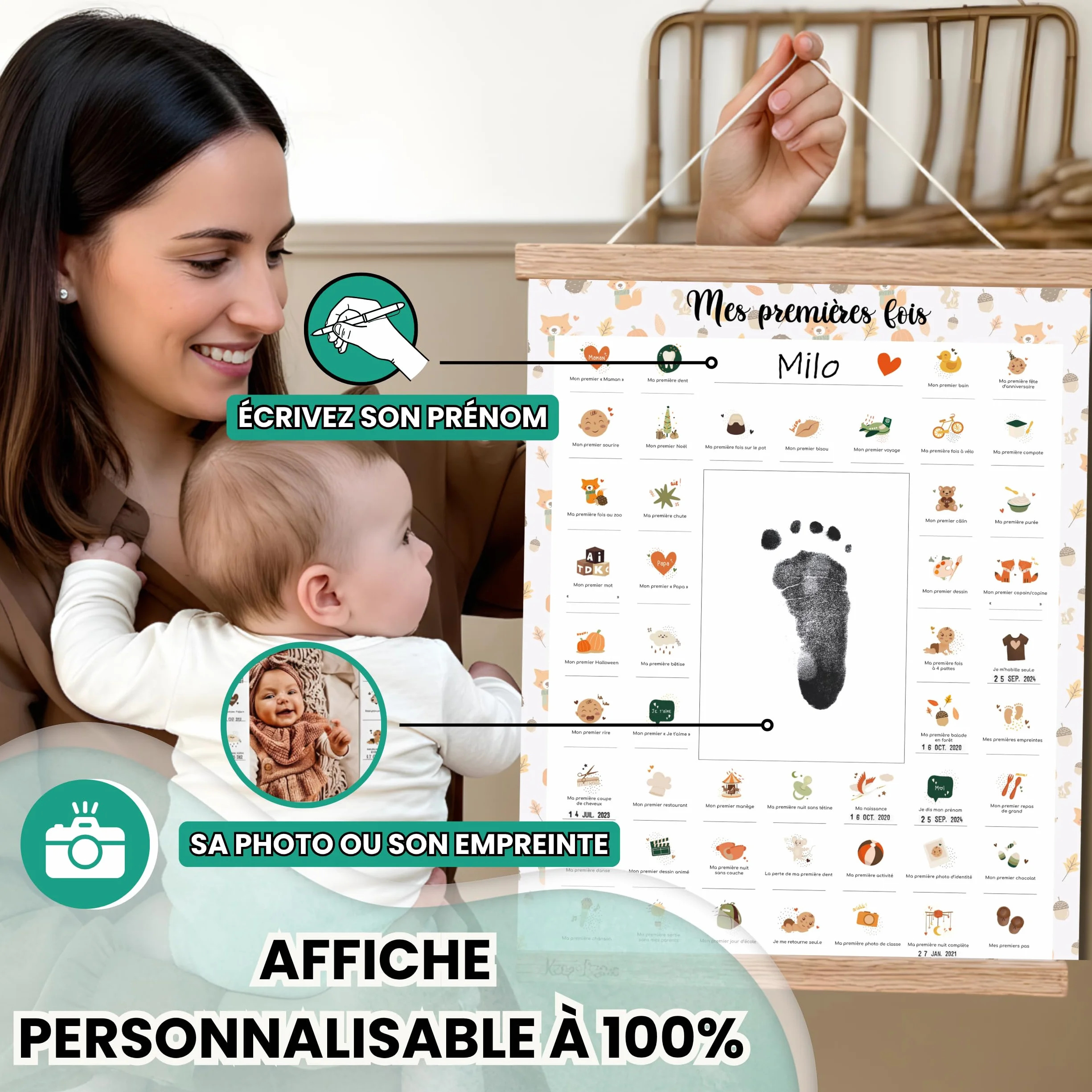 Pack Affiche "Mes Premières Fois" à Tamponner + Tampon Dateur + Baguettes de Suspension - Cadeau de Naissance, Décoration Chambre Bébé, Grand Format A3 (Modèle Renard)