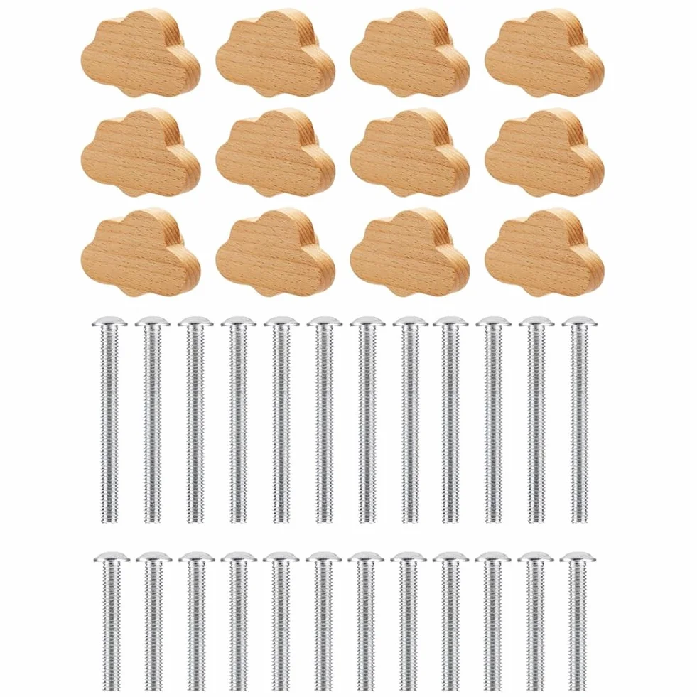 Boutons d'armoire design nuage en bois pour chambre d'enfant, bohème, lot de 12 avec vis