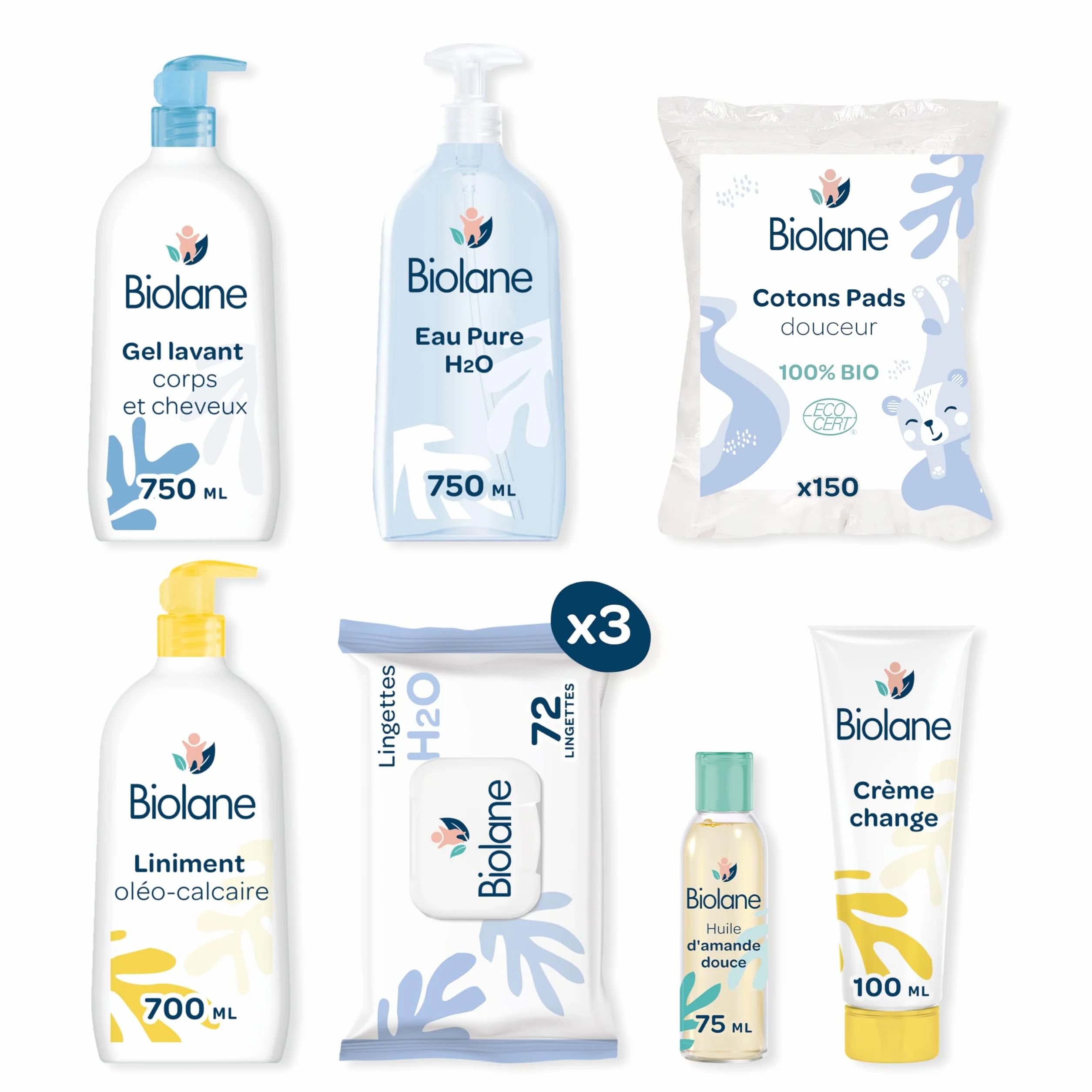 BIOLANE Kit Naissance Premiers jours 216 Lingettes Eau pure Gel Lavant Liniment Crème change Coffret Bébé Peaux Sensibles