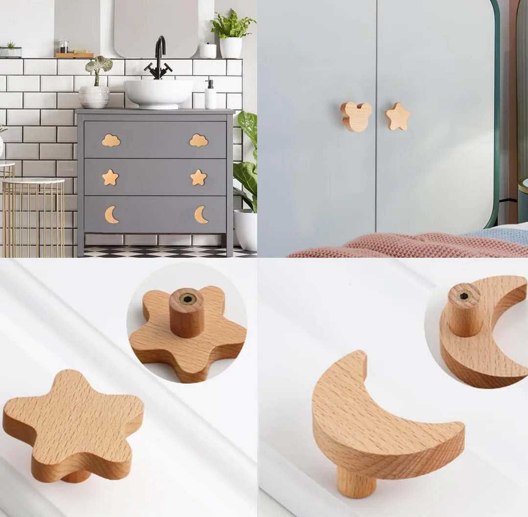 Lot de 6 boutons d'armoire en bois massif étoiles lune nuages pour enfants
