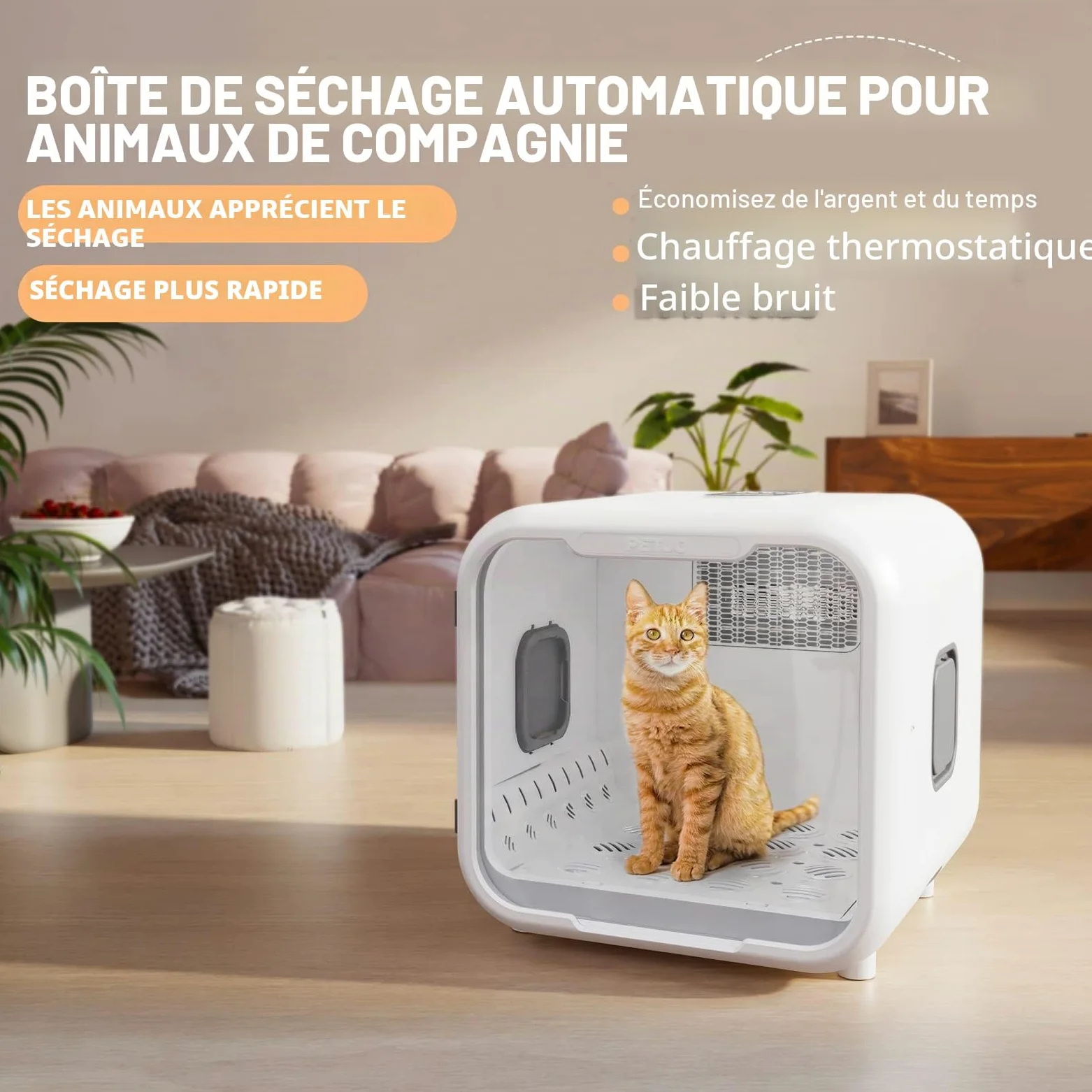 PETJC Sèche-Cheveux Automatique pour Chat et Petits Chiens, 71L Grande Capacité, Contrôle Intelligent de la Température,boîte de séchage de cheveux d'animaux de compagnie ultra silencieux 360 séchage