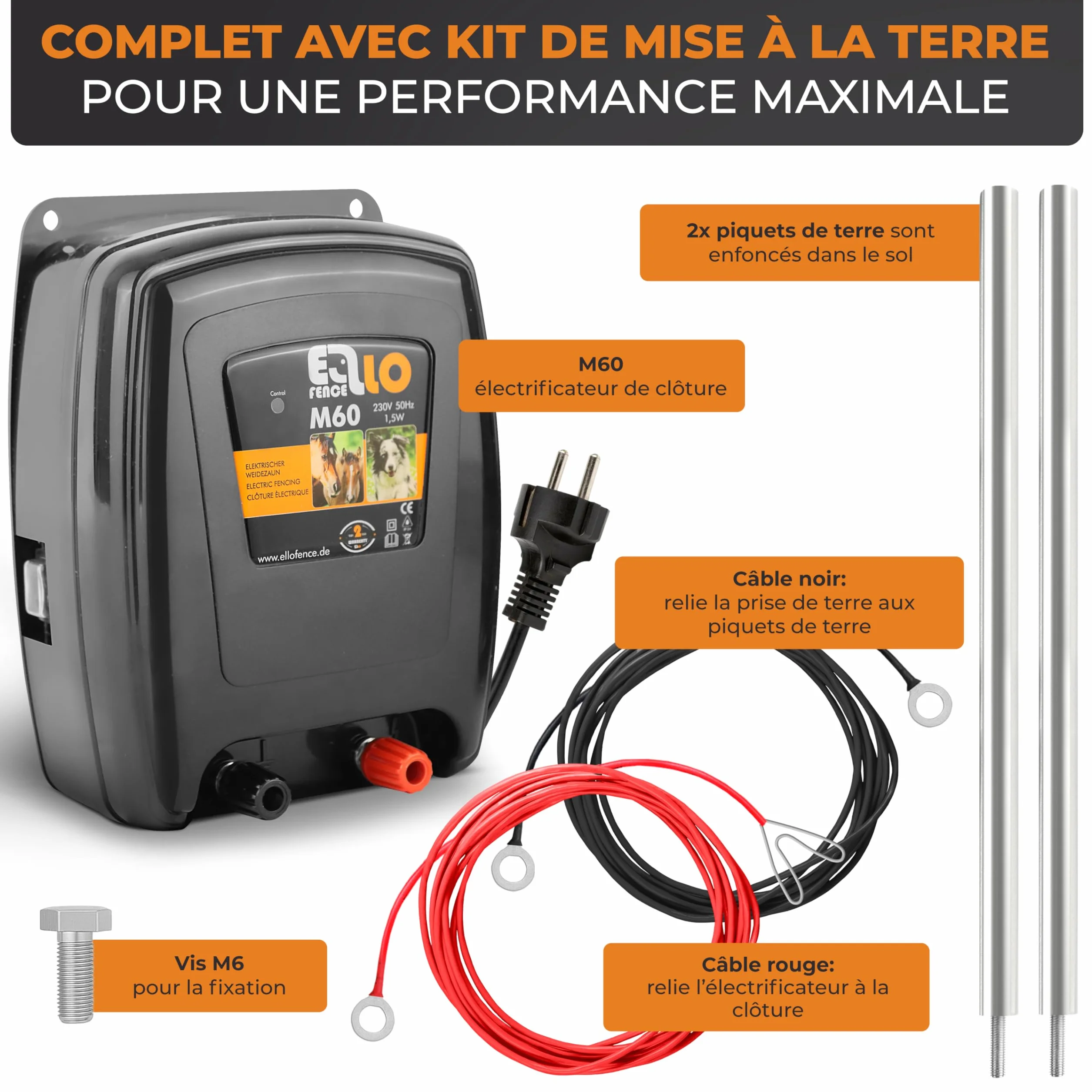 Électrificateur clôture électrique M60 230 V avec mise à la terre piquet de terre