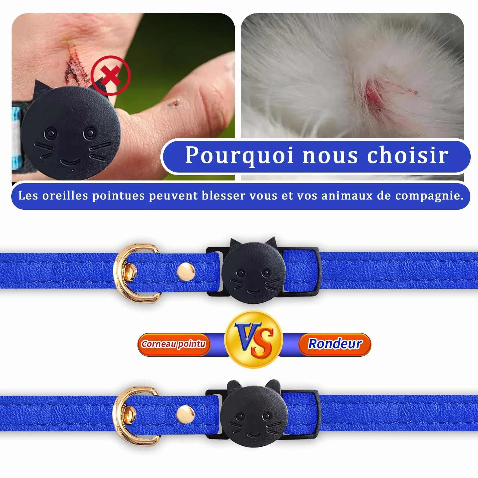 Collier Chat Anti-Étranglement en Cuir d'agneau Boucle Amovible Bleu