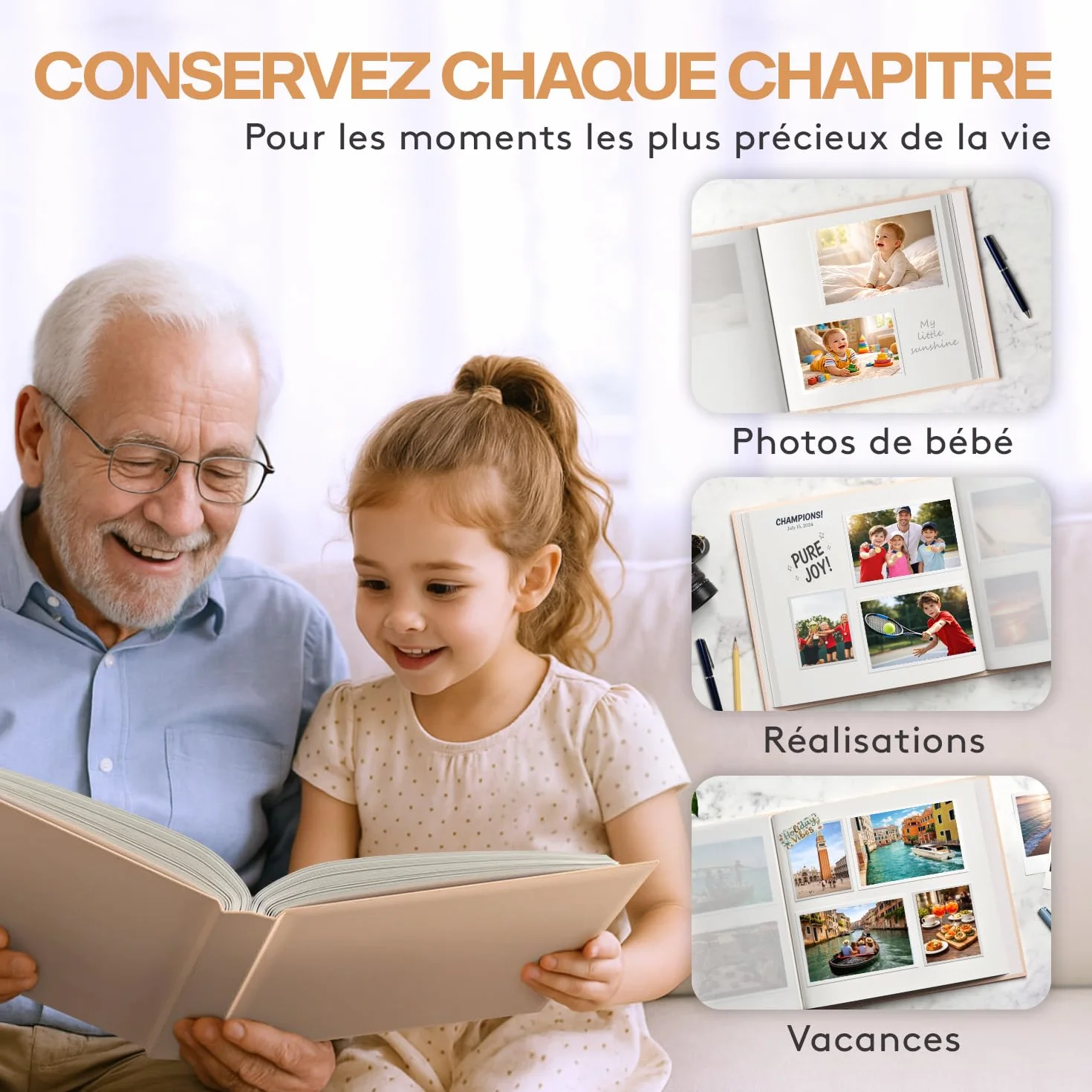 ACROPAQ Album photo scrapbooking 100 pages 600 photos 9x13 cm 10x15 cm 13x18 cm Livre photo Housse en lin Beige