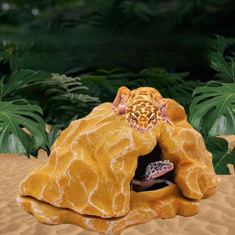 Cachette pour reptile en résine avec bac à nourriture - OMEM, abri pour gecko lézard serpent grenouille araignée (marron)