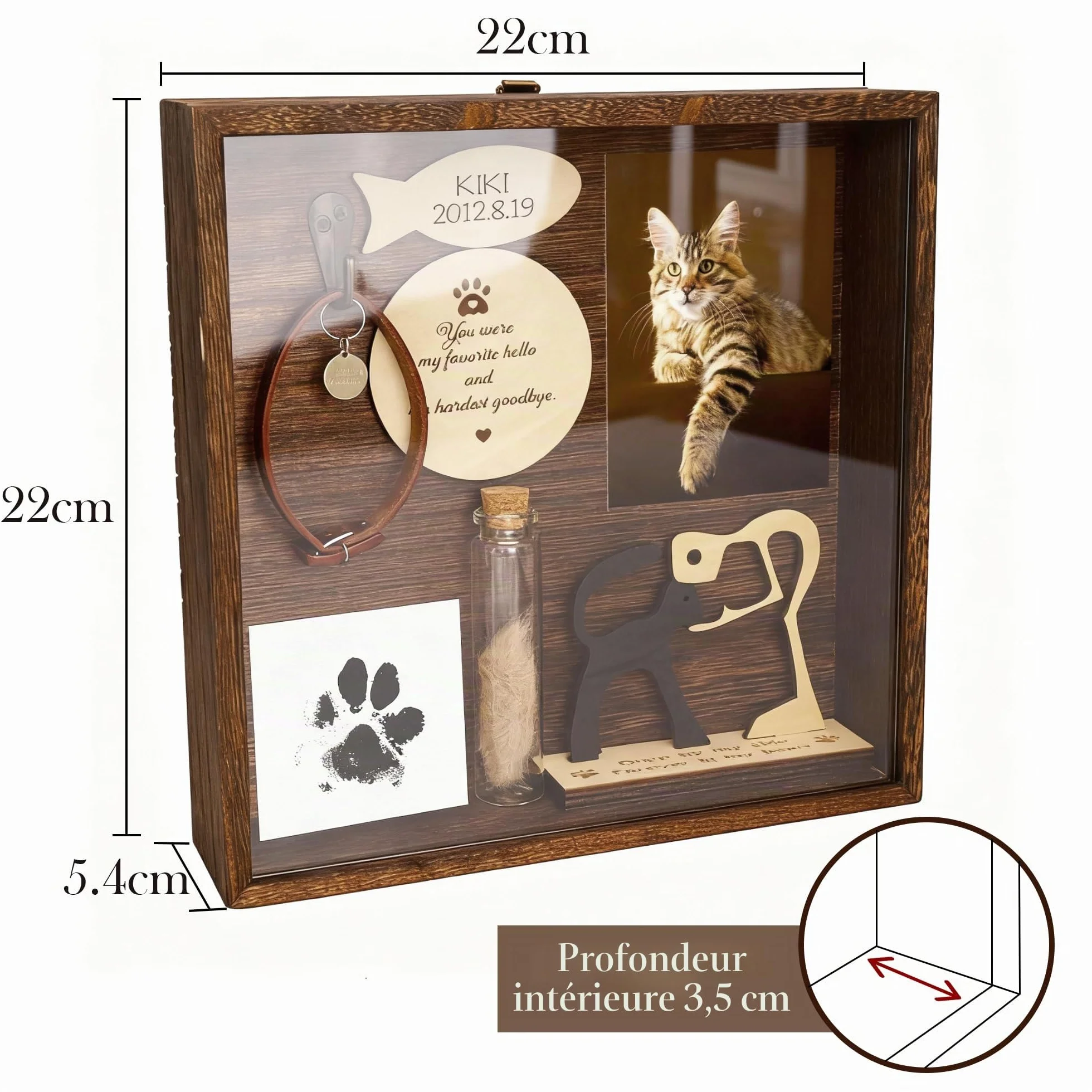 Cadre Vitrine Souvenir Chien Chat Boîte à Ombre Commémorative pour Collier Décédé, Cadre Photo avec Flacon Poils Cendres, Plaque Nominative Bois