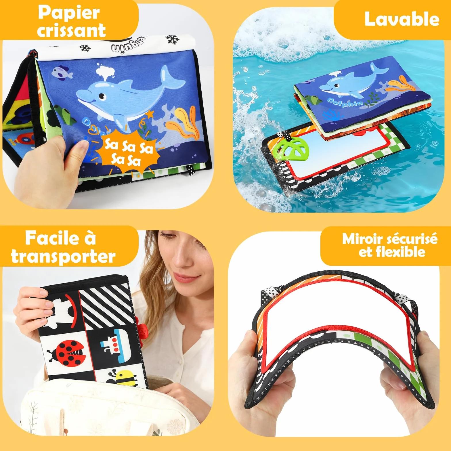 BBWOO Jouet Bébé 0-12 Mois, Grand Livre Pliable Montessori avec Miroir et Jouet Dentition Sensoriel, Images Noir et Blanc Haute Contraste
