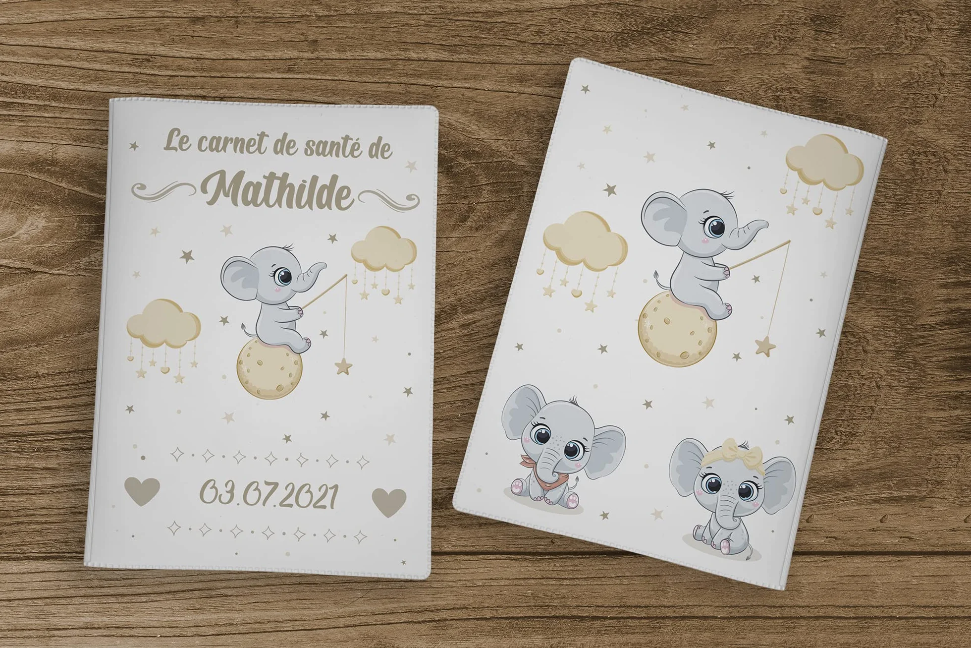 Protège carnet de santé personnalisé bébé, cadeau naissance original, Couverture Éléphant Lune Blanc