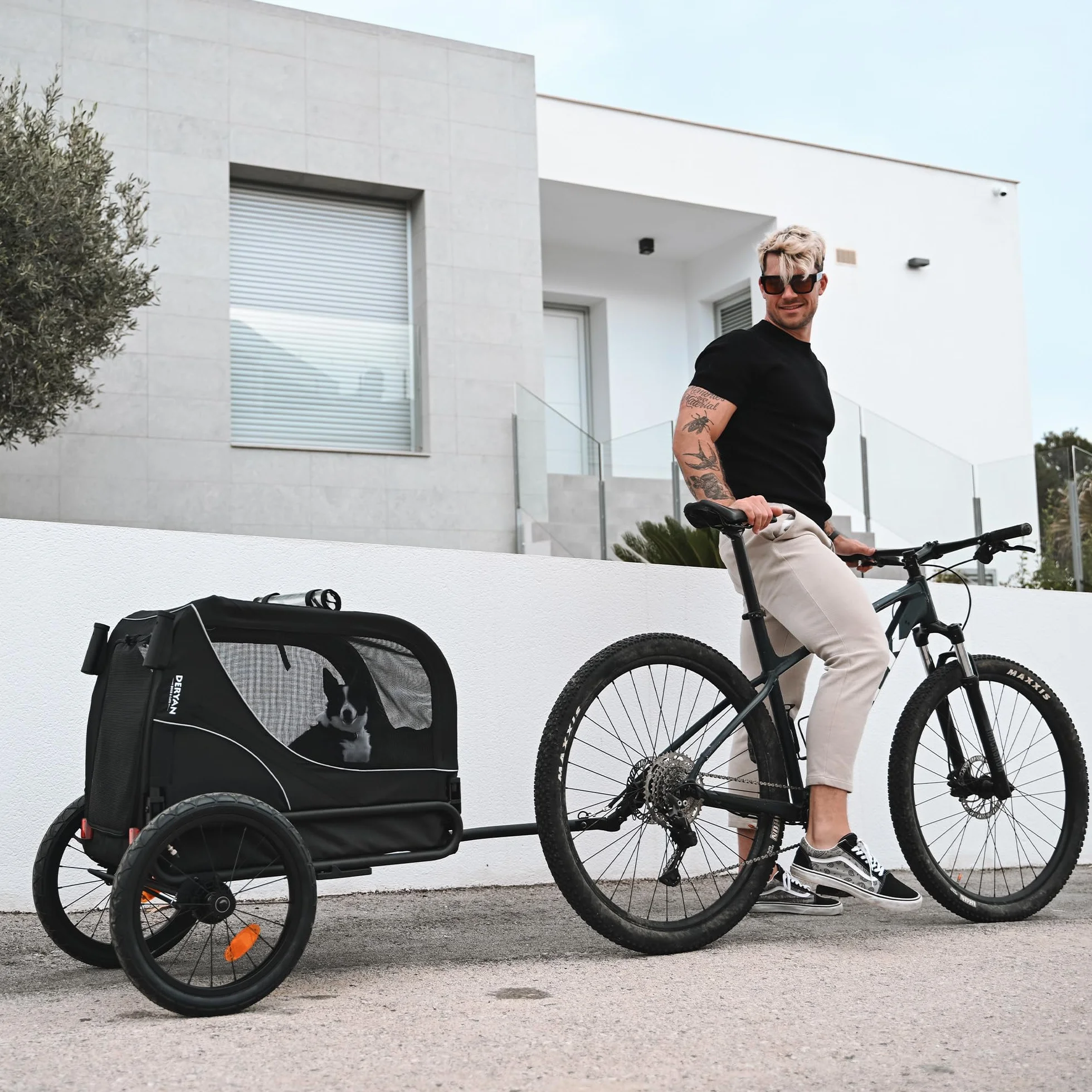 Deryan Remorque Velo Chien 3 en 1 Pliable avec Reflecteurs, Charge Maximale 20 kg, Noir