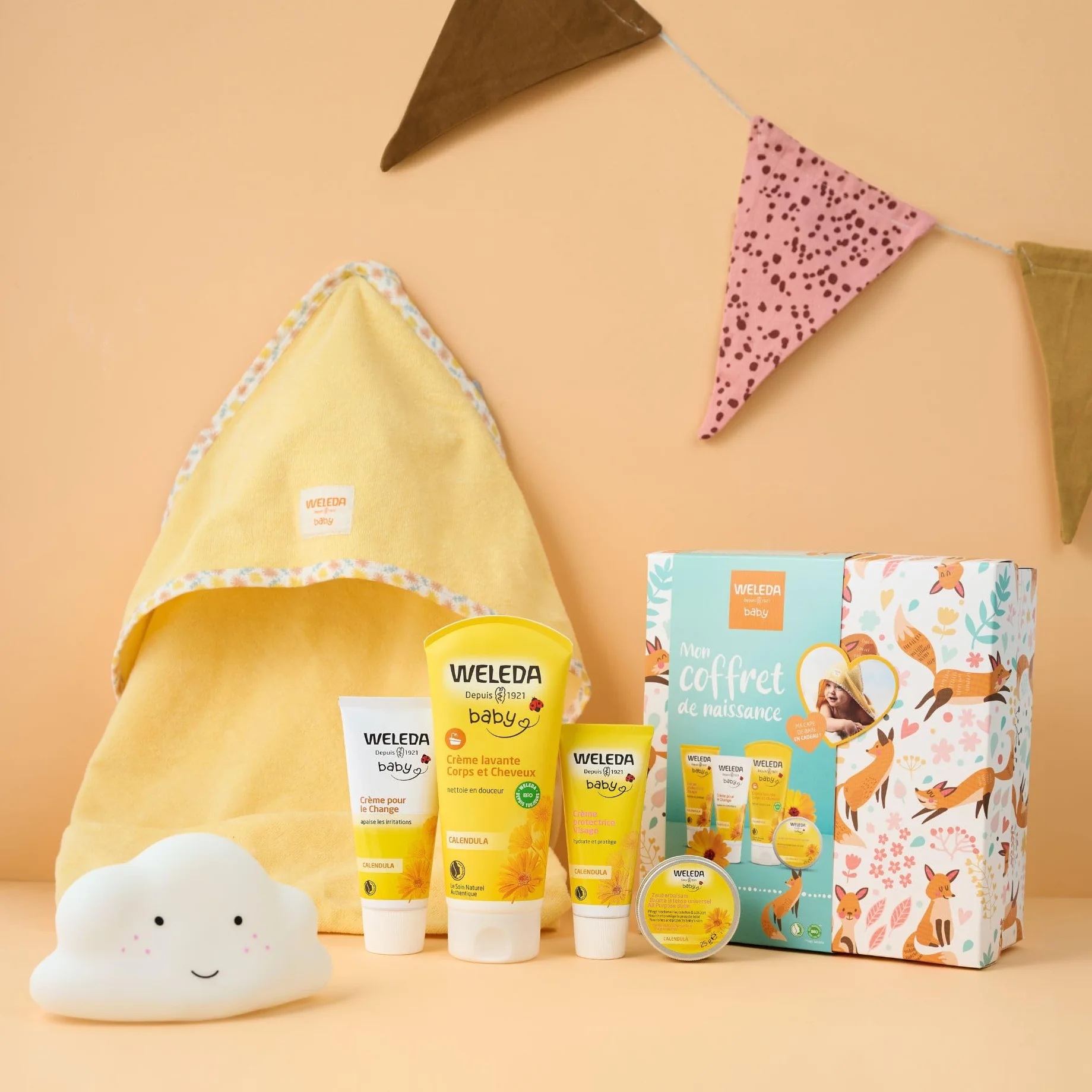 WELEDA Coffret Cadeau Naissance Soins Douceur Bébé Calendula Crème Lavante Visage Change Baume Cape Bain Coton Bio NATRUE 200ml+75ml+50ml+25g