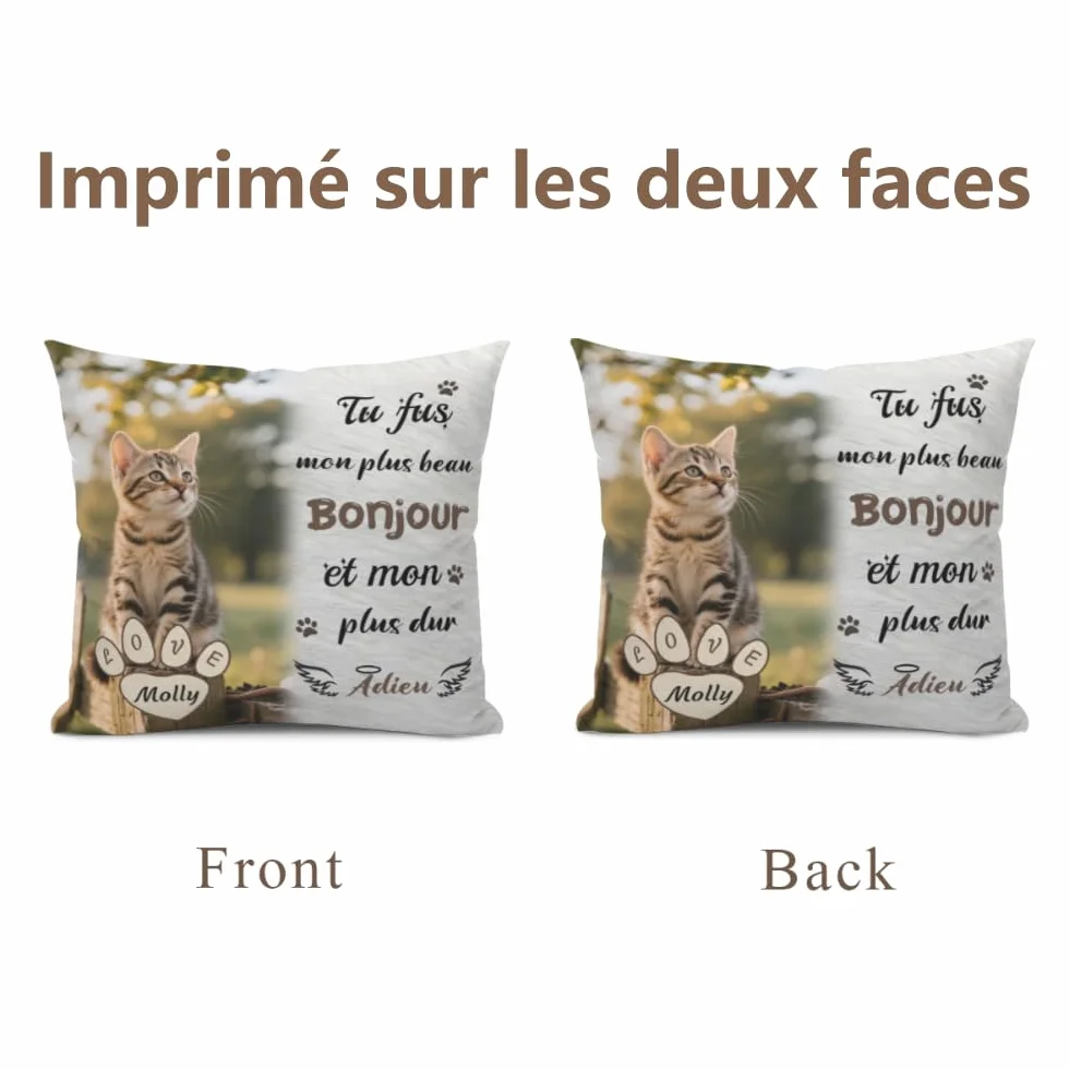 Coussin Chat Personnalisé Photo et Nom Impression Recto Verso Souvenir Commémoratif Cadeau Réconfortant Perte Animal