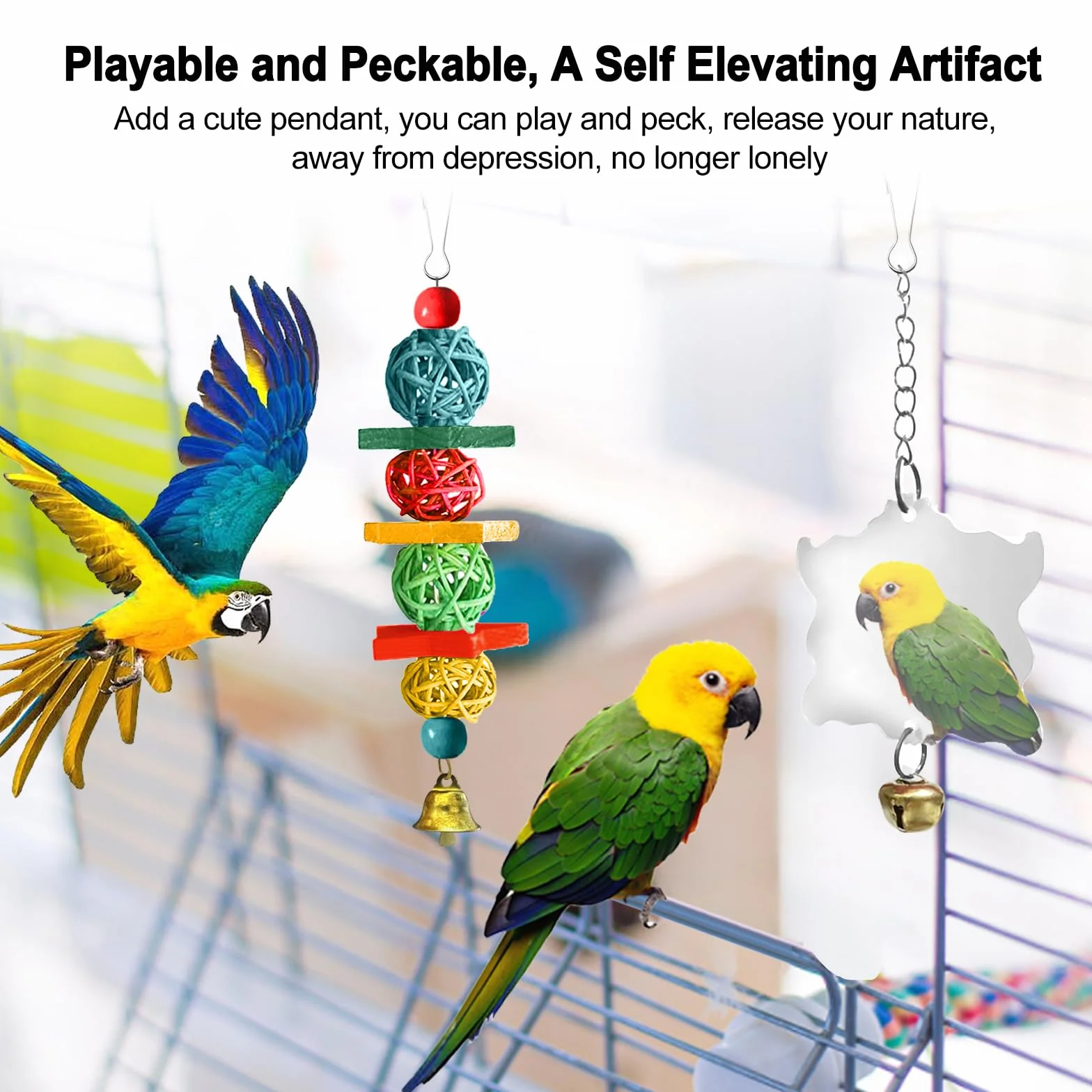 Jouets pour Oiseaux 7 Pièces Jouet Perroquet à Mâcher Suspendre Accessoire Cage Balançoire Échelle Cloches