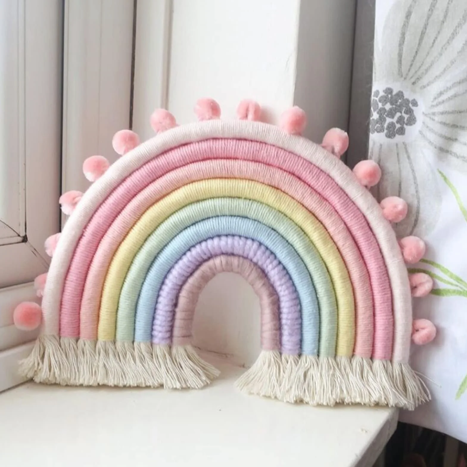 Suspension murale en macramé arc-en-ciel - Corde de coton tissée - Décoration murale pour chambre de bébé