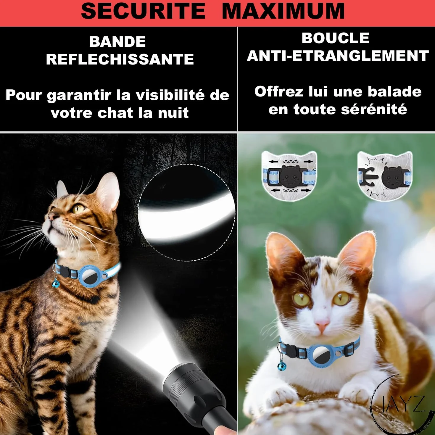 JAYZ Collier Chat Bluetooth Tracker Localisateur sans Abonnement Apple iOS Android Airtag Anti étranglement Chatons