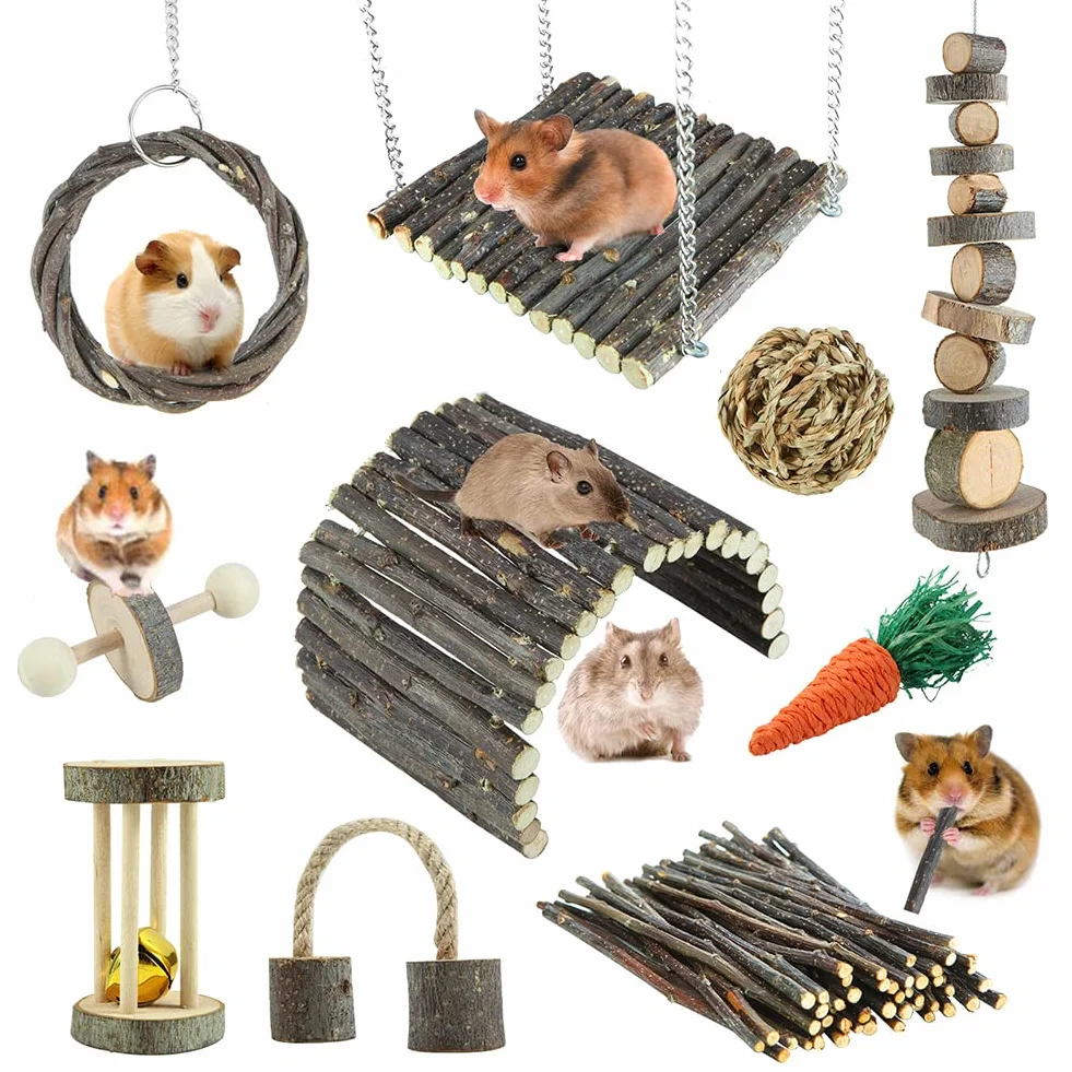 Jouets à mâcher pour Hamster en Bois de Pomme, Échelle, Cloche, Rouleau pour Petits Animaux