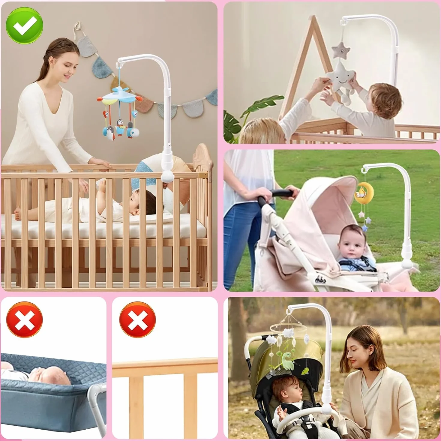 Support Mobile Lit Bébé Berceau Amovible Réglable en Largeur, Carillon à Vent Suspendu, Jouet Nouveau-né 0-12 Mois