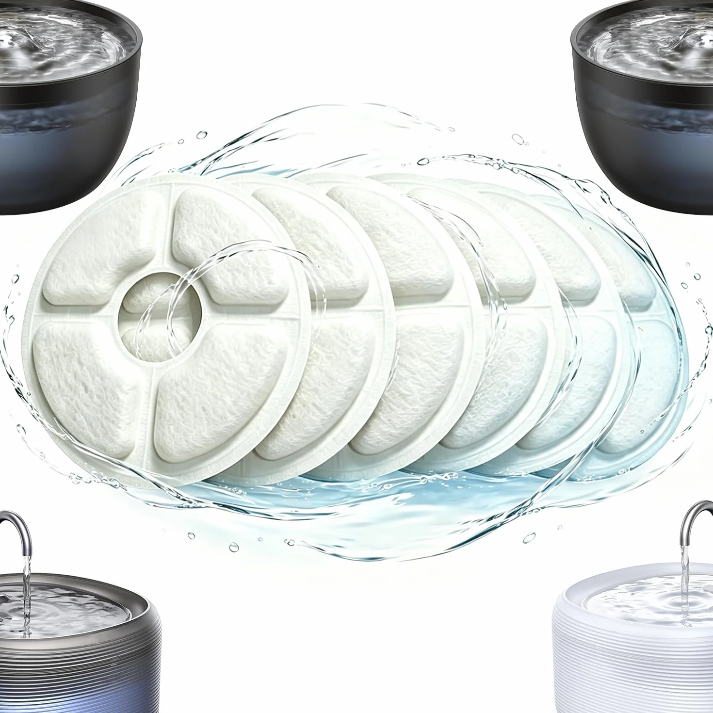 Filtre Fontaine Chat Triple Action 6 PCS Remplacement Résine échangeuse d'ions Charbon Actif 2-2.5L