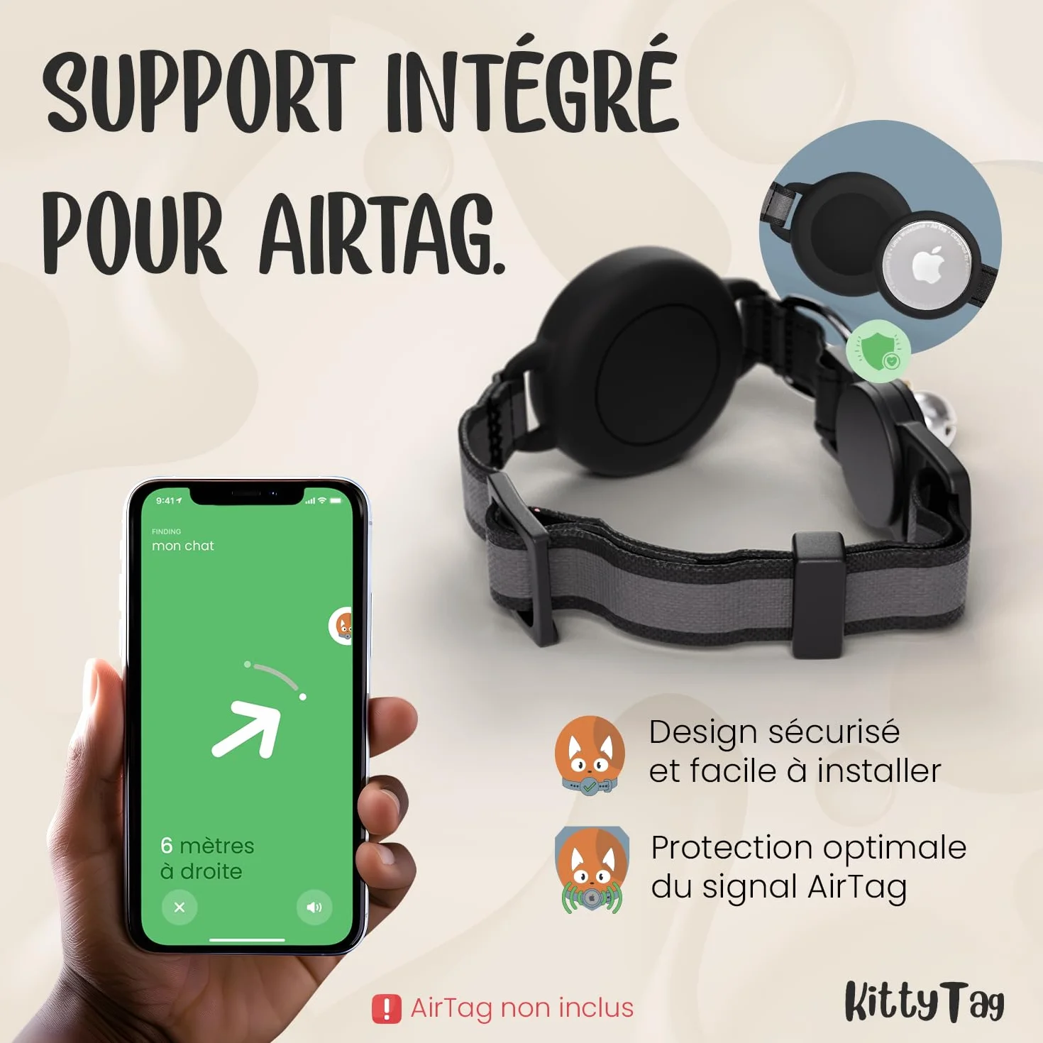 Collier Chat GPS Réfléchissant Lumineux Anti-étranglement Réglable Compatible Airtag Apple
