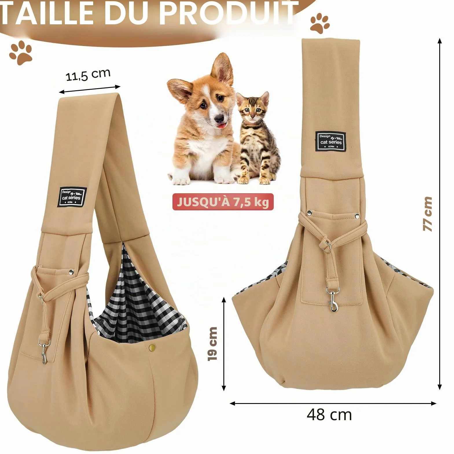 Sac de Transport pour Chien Chat à Bandoulière Mains Libres Respirant Réversible jusqu'à 7 KG Kaki