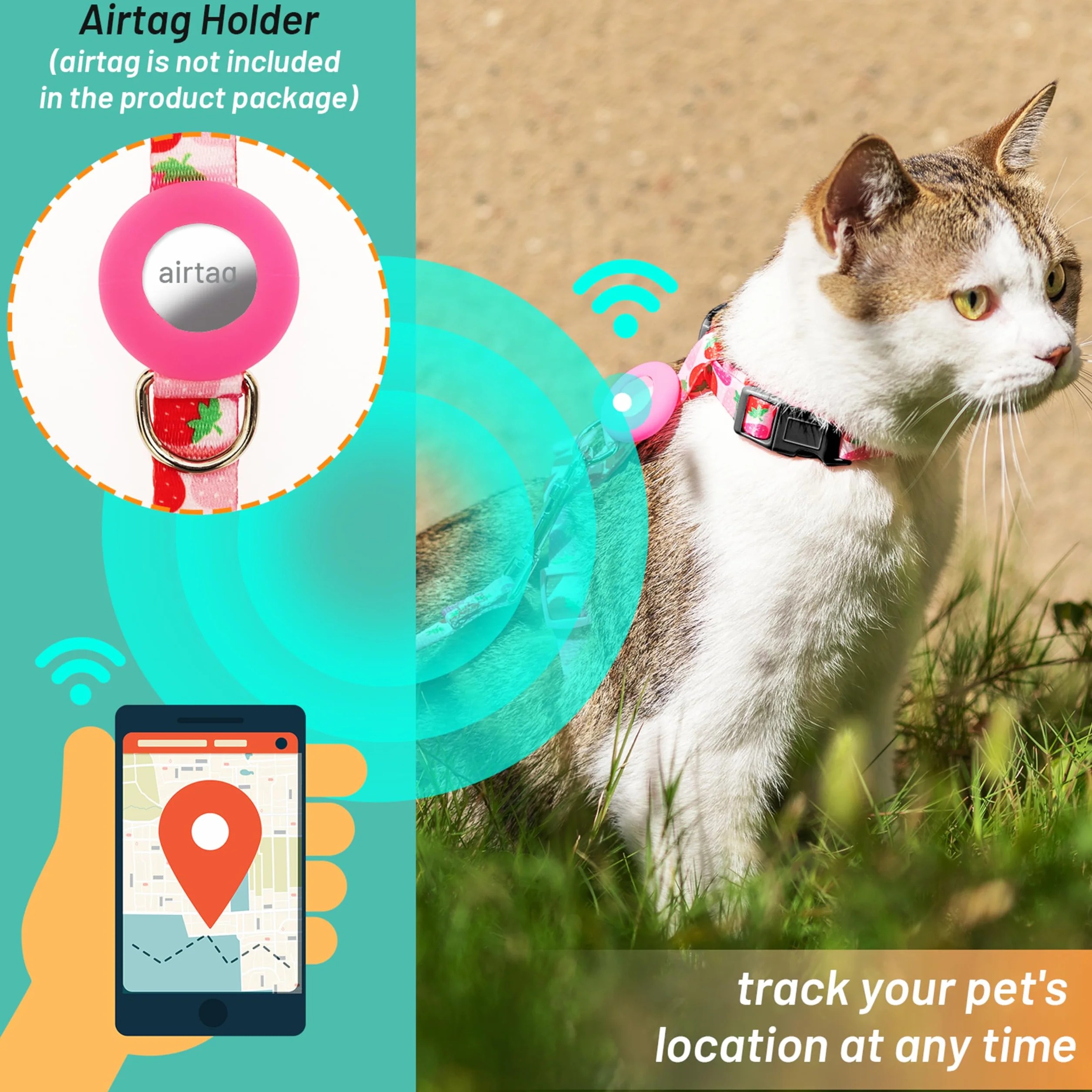 Harnais et Laisse Anti-Fugue pour Chat avec Support Airtag, Motif Strawberry, Nylon réglable