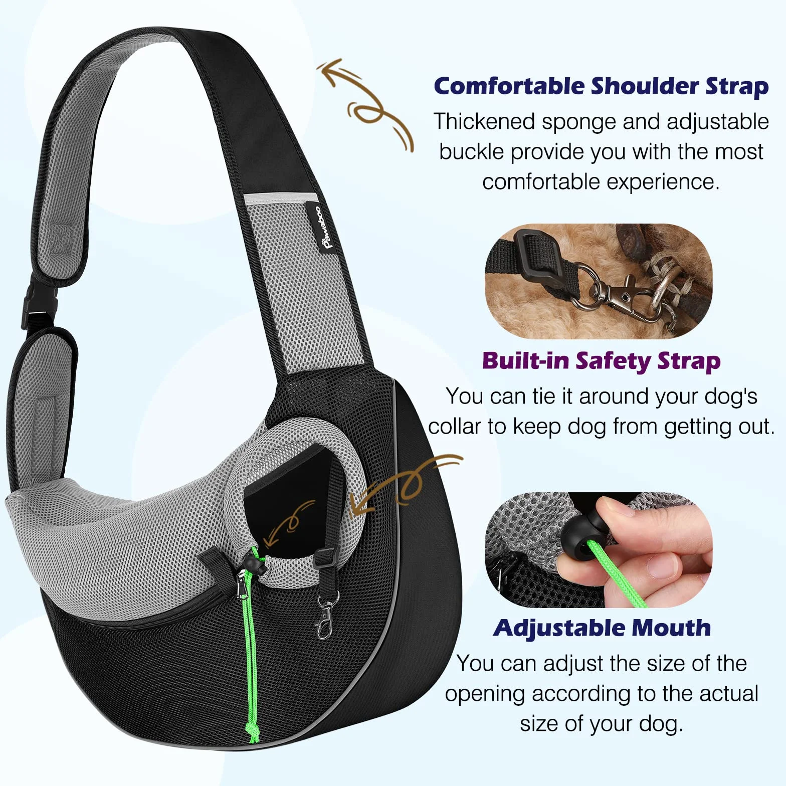 Pawaboo Sac de Transport pour Animal de Compagnie, Sac à Bandoulière Mains Libres avec Boucle en D, Sac à Dos en Maille Respirant pour Chiens, L - Noir