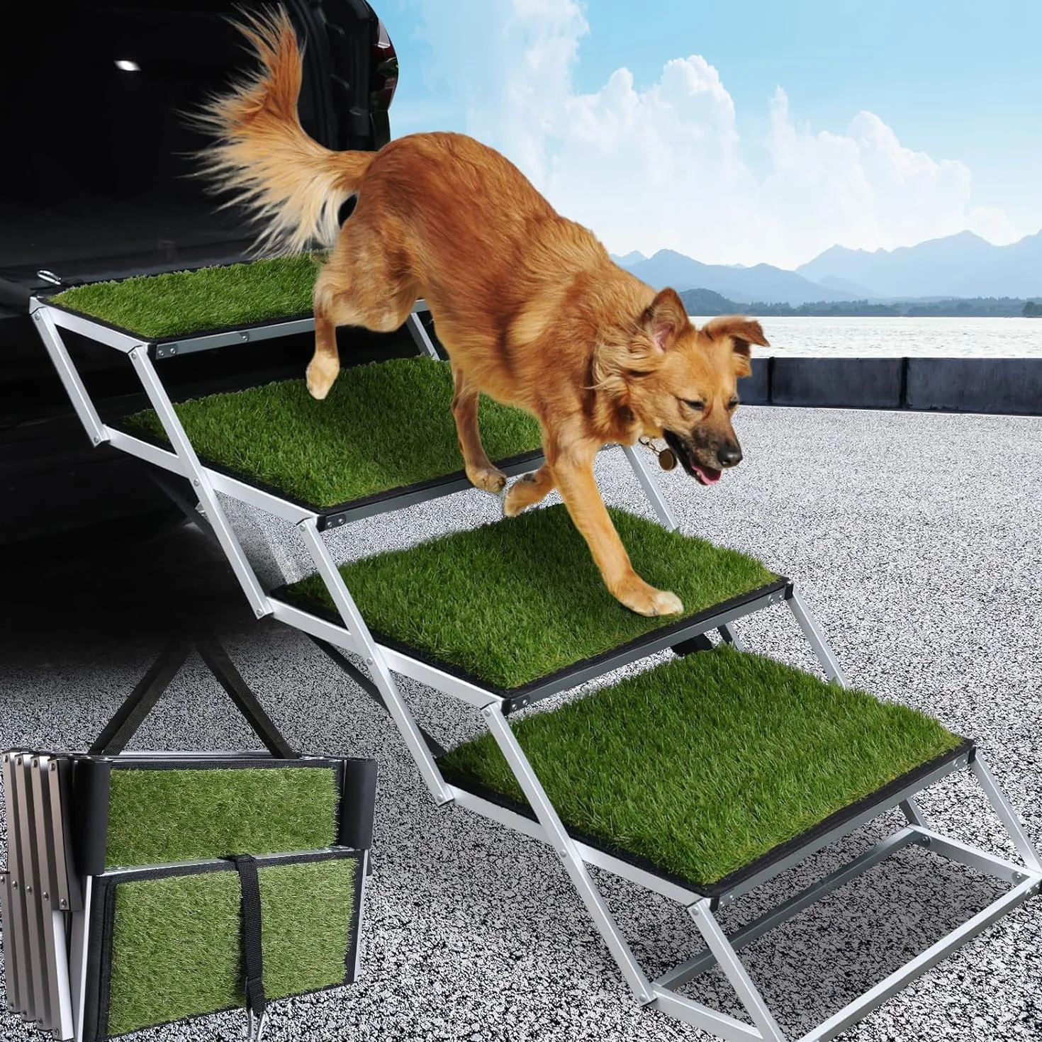 Marchepieds pliables pour chiens de grande taille, surface en gazon artificiel antidérapante, rampe télescopique portable pour voitures, VUS, camions (4 marches, vert, extra large)