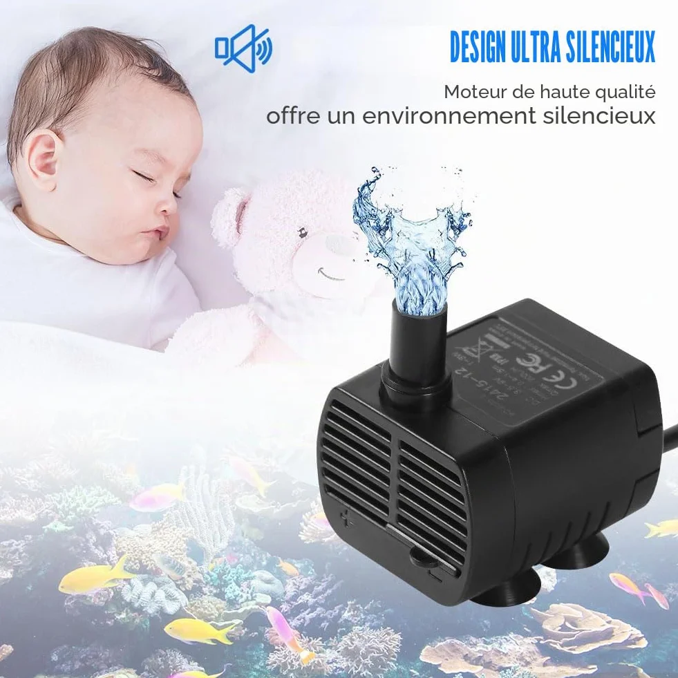Flintronic Pompe Eau Submersible Aquarium Pump Ajustable 200L/H 3W Ultra-Silencieux USB 1.4m