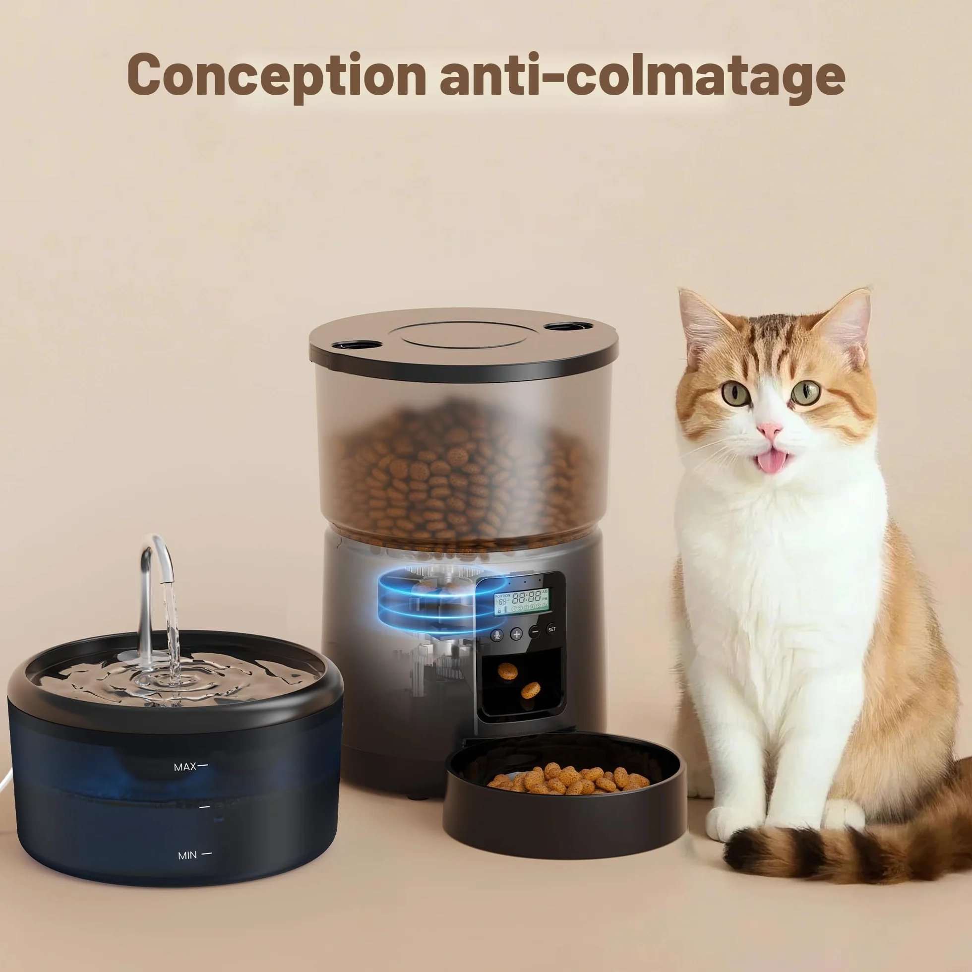 Distributeur Croquettes Chat Automatique Fontaine 2,4L 3L Mangeoire Minuterie Programmable 6 Repas 10S Voix Noir