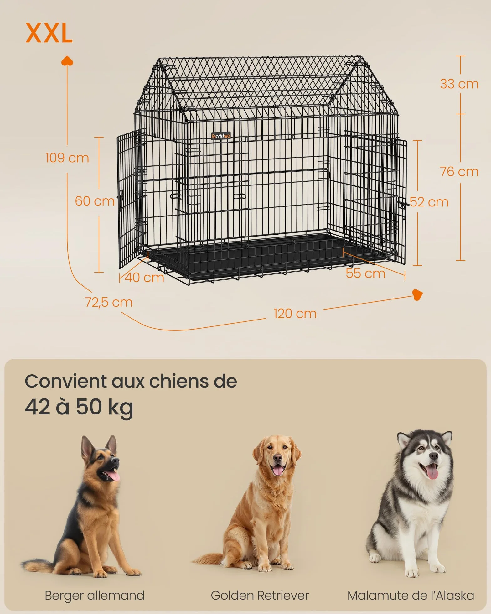 Feandrea Cage pour Chien Pliable, 120 x 72.5 x 109 cm, Métal, XXL, Double Porte, Noir d'encre