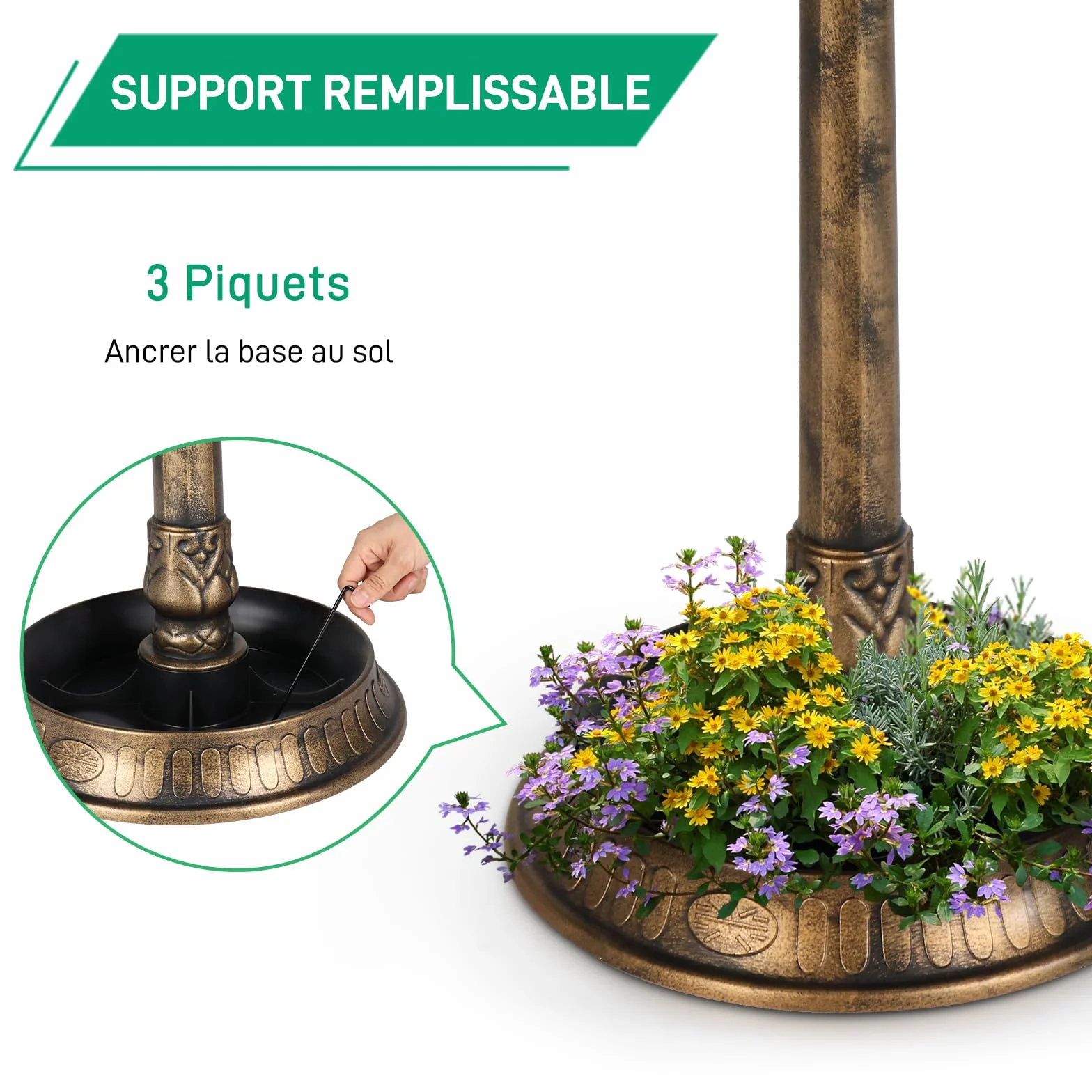 LEADZM Abreuvoir Oiseaux Exterieur Solaire avec Lampe - Mangeoire Oiseaux Exterieur, Support Remplissable, 51x51x106 cm, Bronze