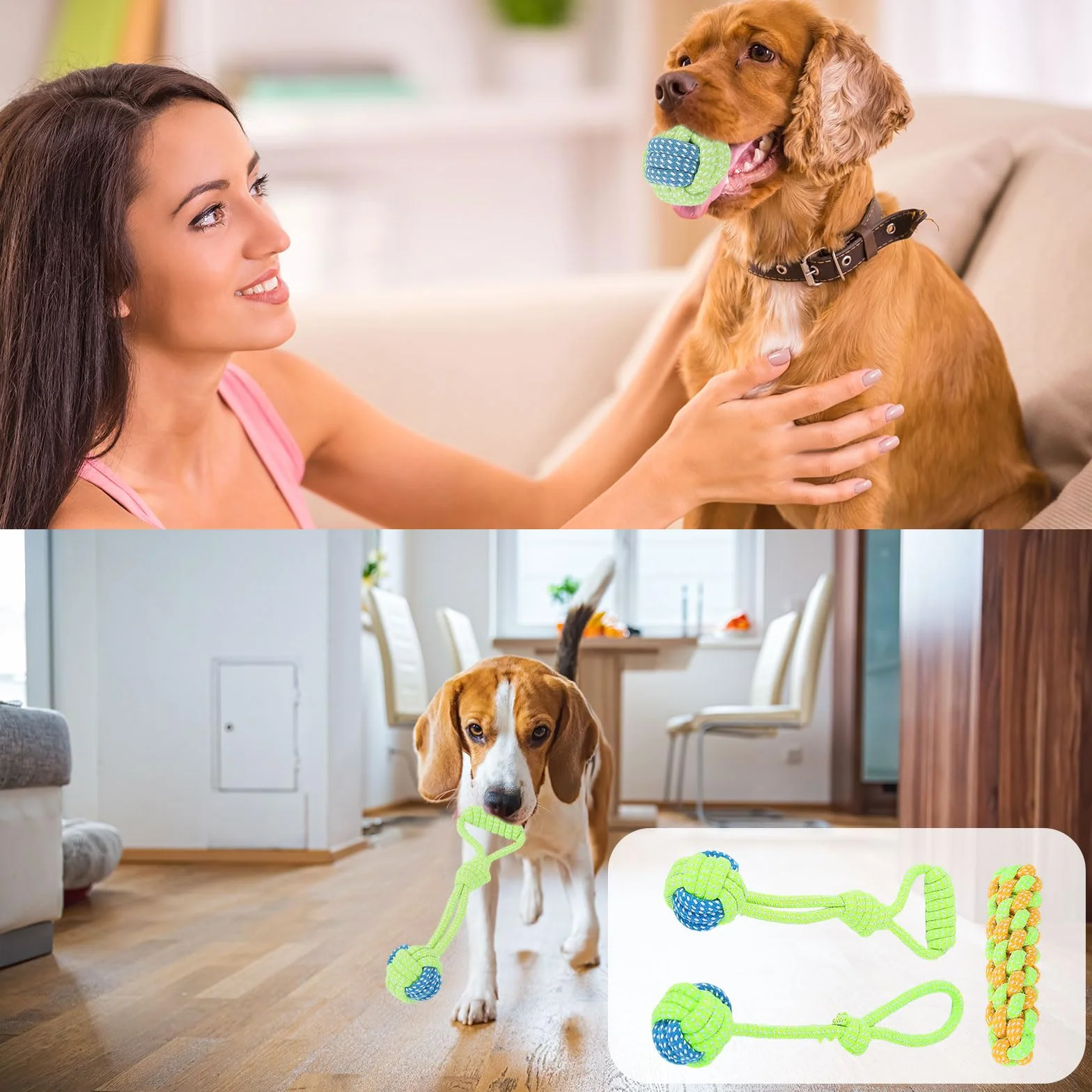 Jouet pour Chien Indestructible 7 Pièces Lot Corde Chien Durable Rose Vert