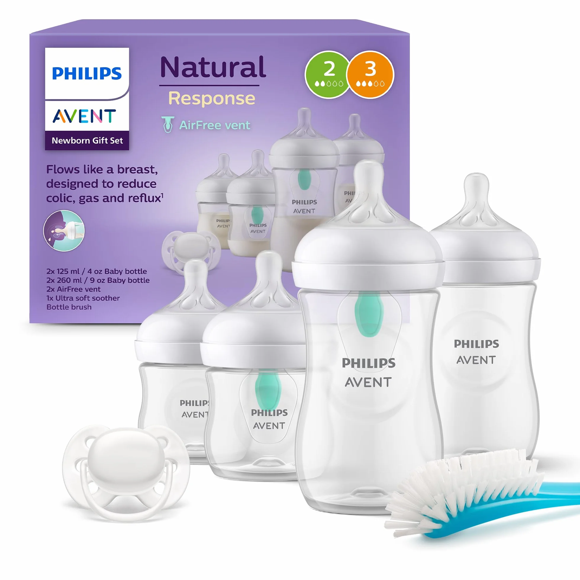 PHILIPS AVENT Kit nouveau-né Natural 3.0 AirFree 2 Biberons 125ml + 2 Biberons 260ml + Sucettes Ultra Douce 0-6M