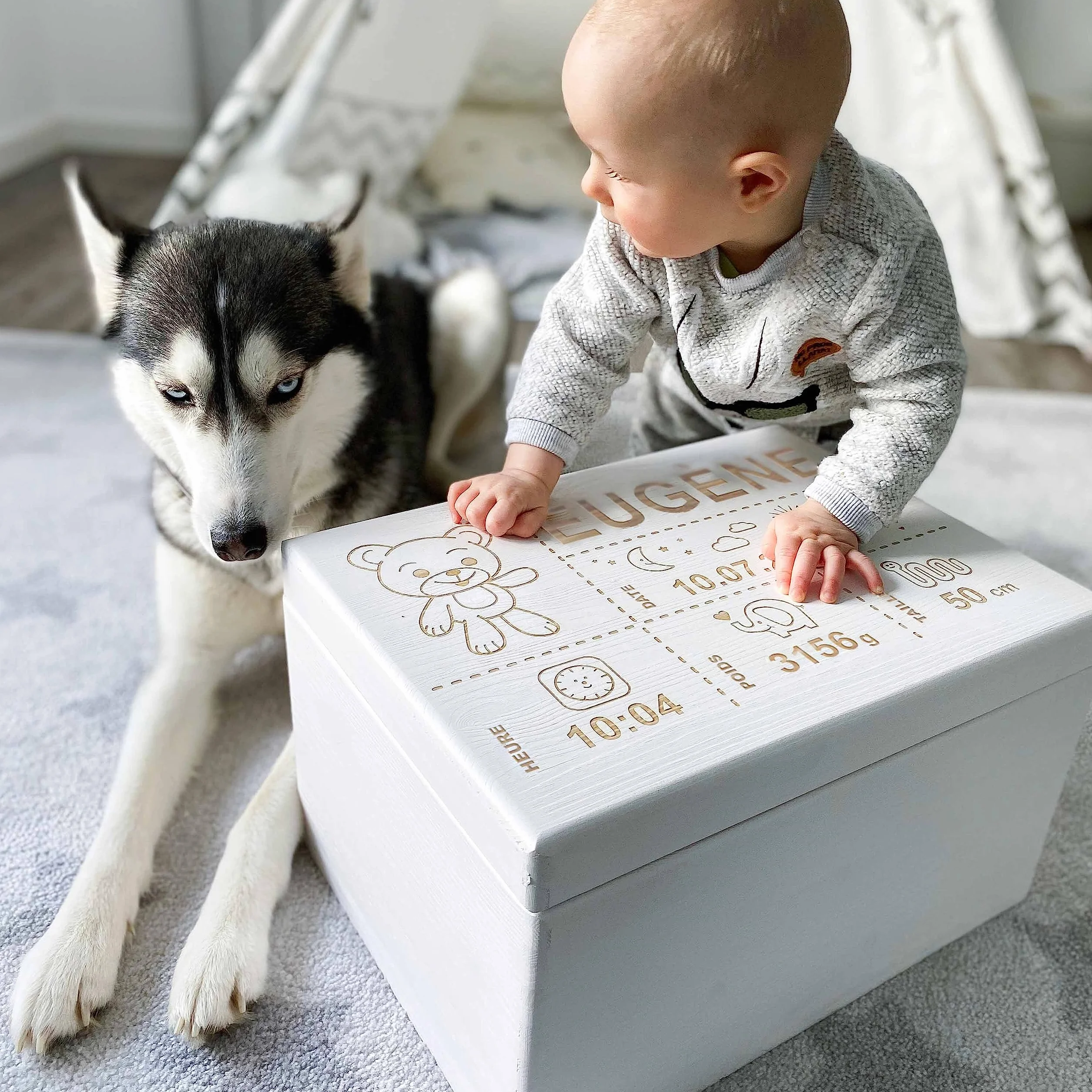 Boîte à souvenirs bébé personnalisée LAUBLUST - Cadeau de naissance avec prénom, ours en peluche, tailles S M L XL, bois naturel ou blanc FSC