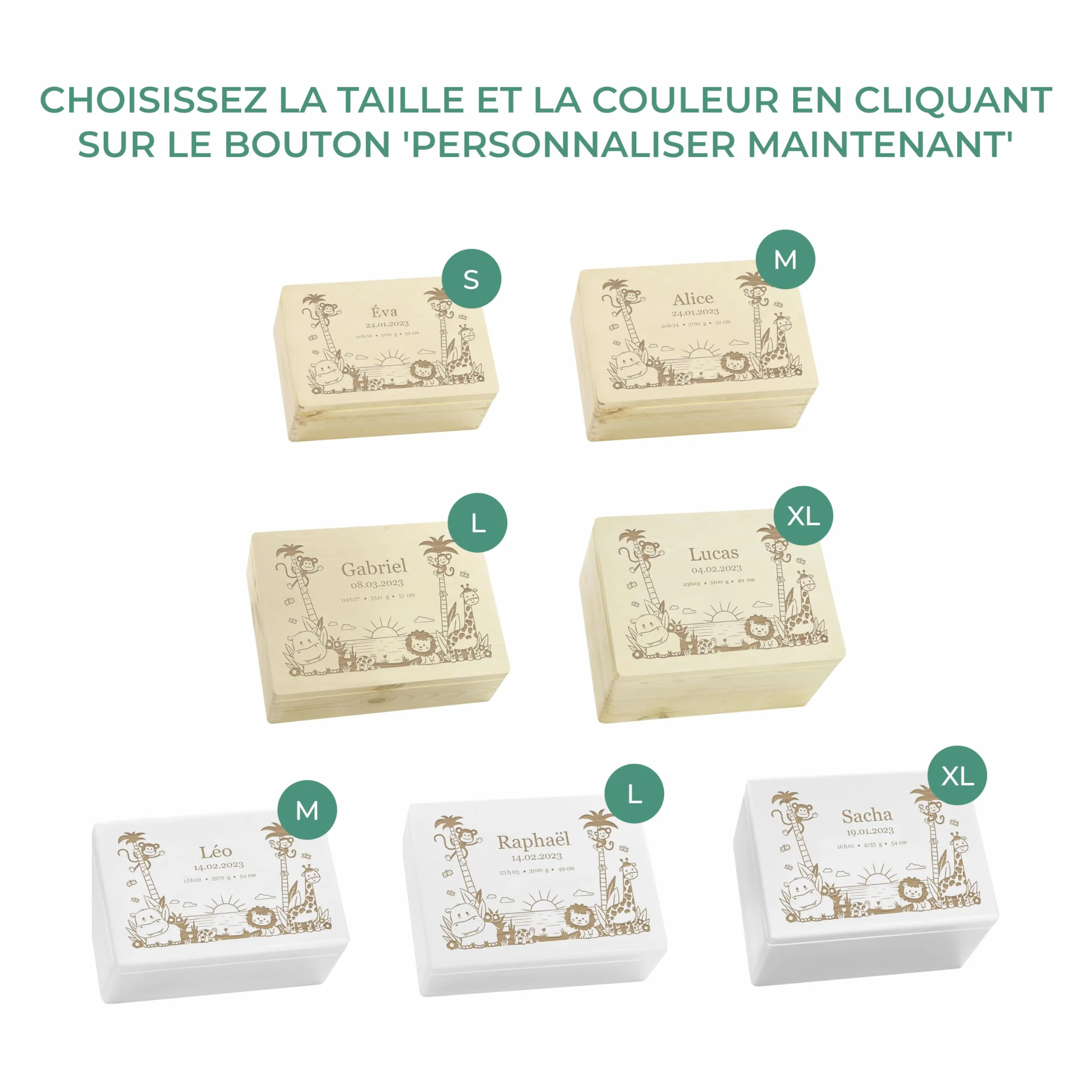 LAUBLUST Boîte à souvenirs bébé personnalisée - Cadeau de naissance avec prénom Jungle, tailles S M L XL - Boîte en bois naturel ou blanc FSC