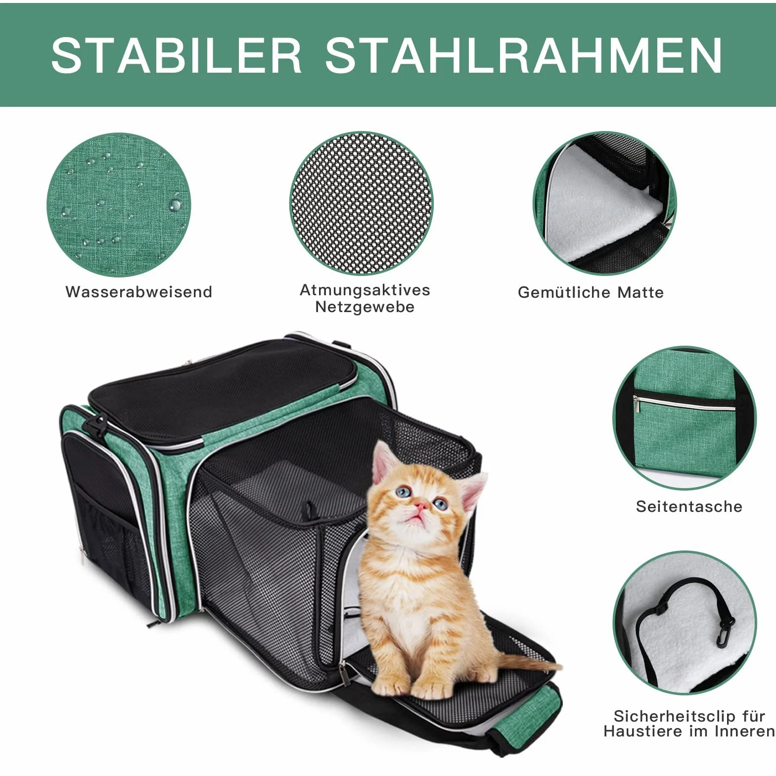 BAGLHER Sac de transport extensible pour chat étanche pliable 5 côtés portes ouvertes vert